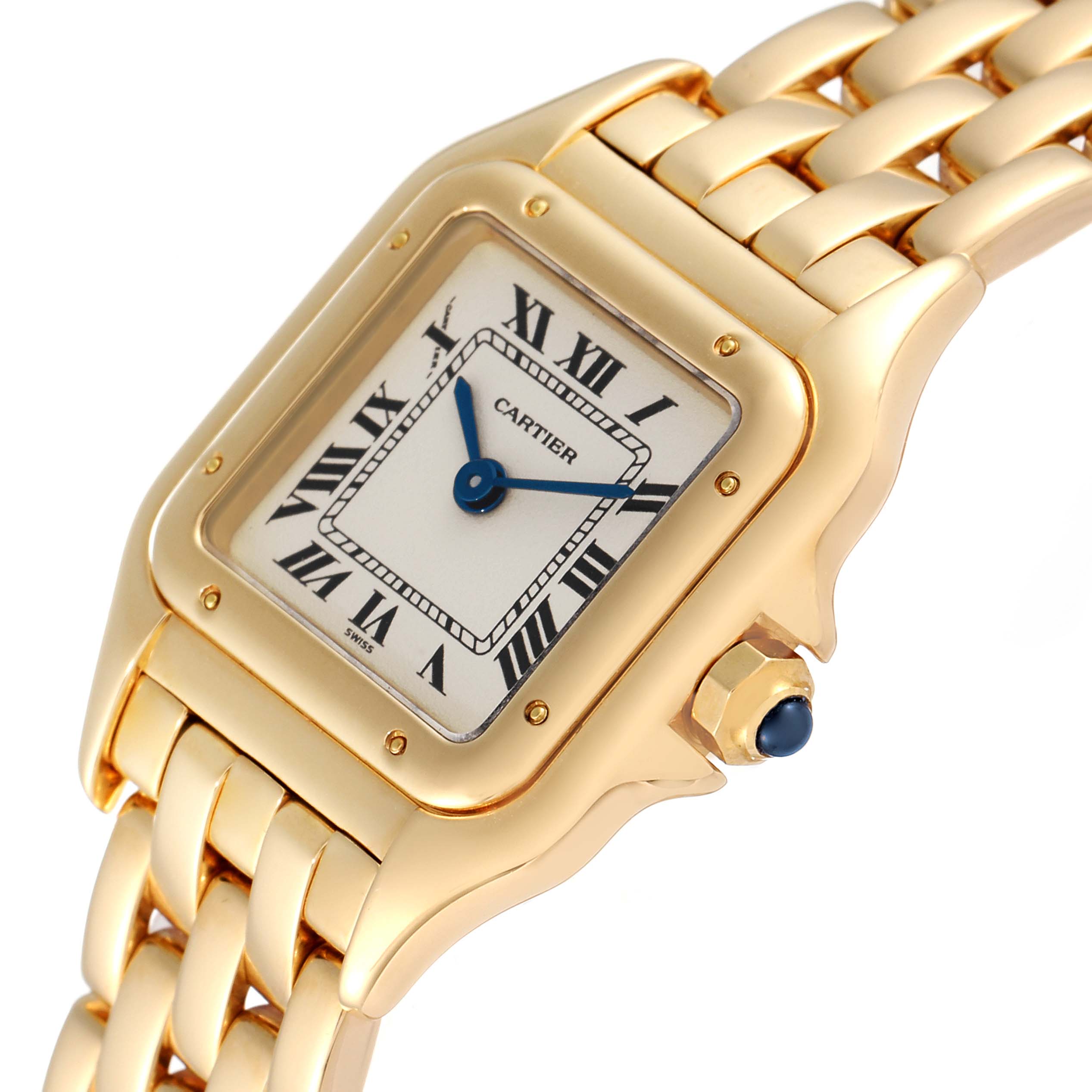 The image shows a close-up view of the Cartier Panthere W25022B9 Women's Yellow Gold Silver Dial W25022B9 Women's Yellow Gold Silver Dial watch, focusing on the square dial, crown, and part of the gold bracelet.
