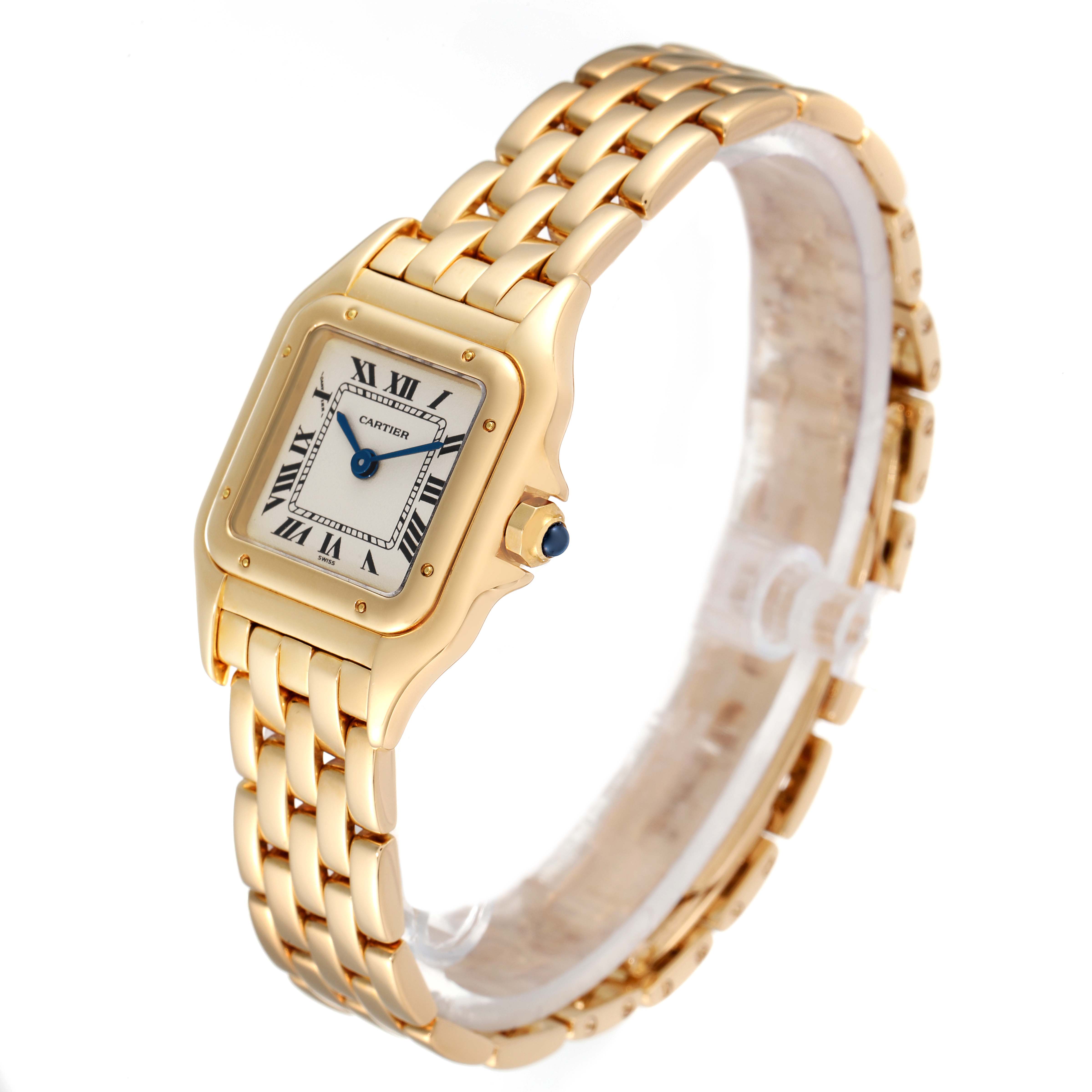 The image shows a gold Cartier Panthere W25022B9 Women's Yellow Gold Silver Dial W25022B9 Women's Yellow Gold Silver Dial watch angled to display the face and bracelet.