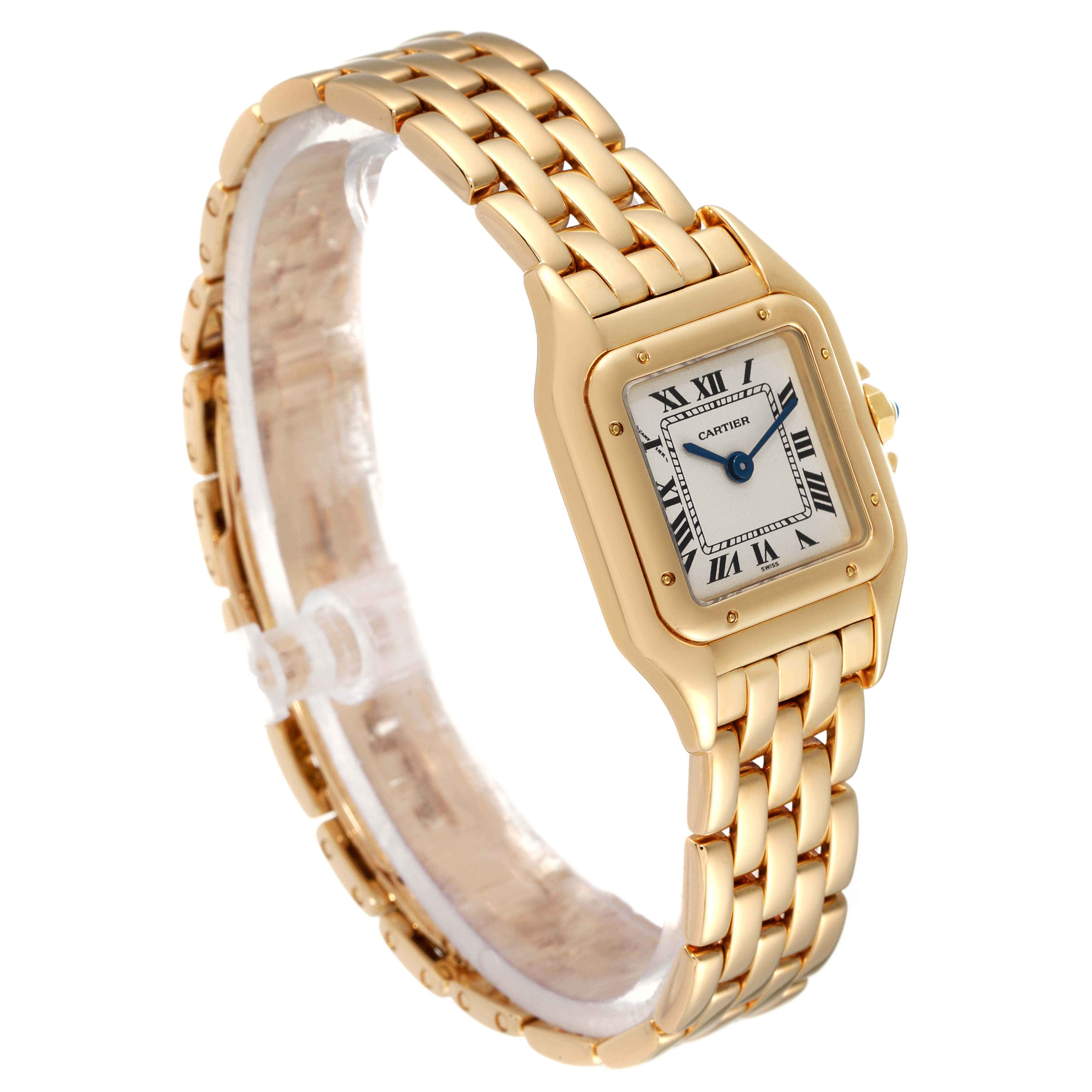The image shows a Panthere model watch by Cartier, highlighting its gold bracelet, square face, and Roman numeral dial at a three-quarter angle.