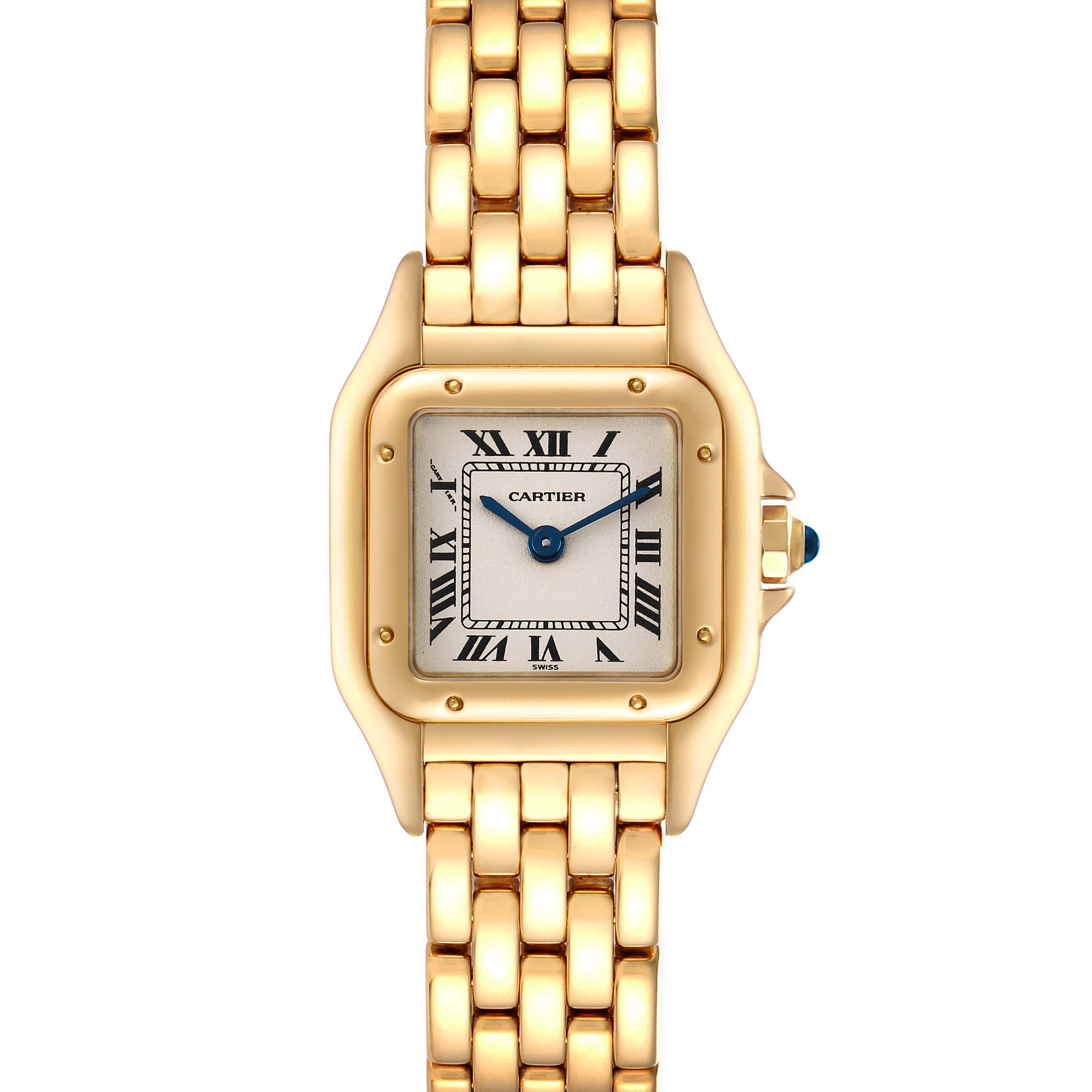The image shows a front view of the Cartier Panthere W25022B9 Women's Yellow Gold Silver Dial W25022B9 Women's Yellow Gold Silver Dial model watch, displaying its face, bezel, and part of the gold bracelet.