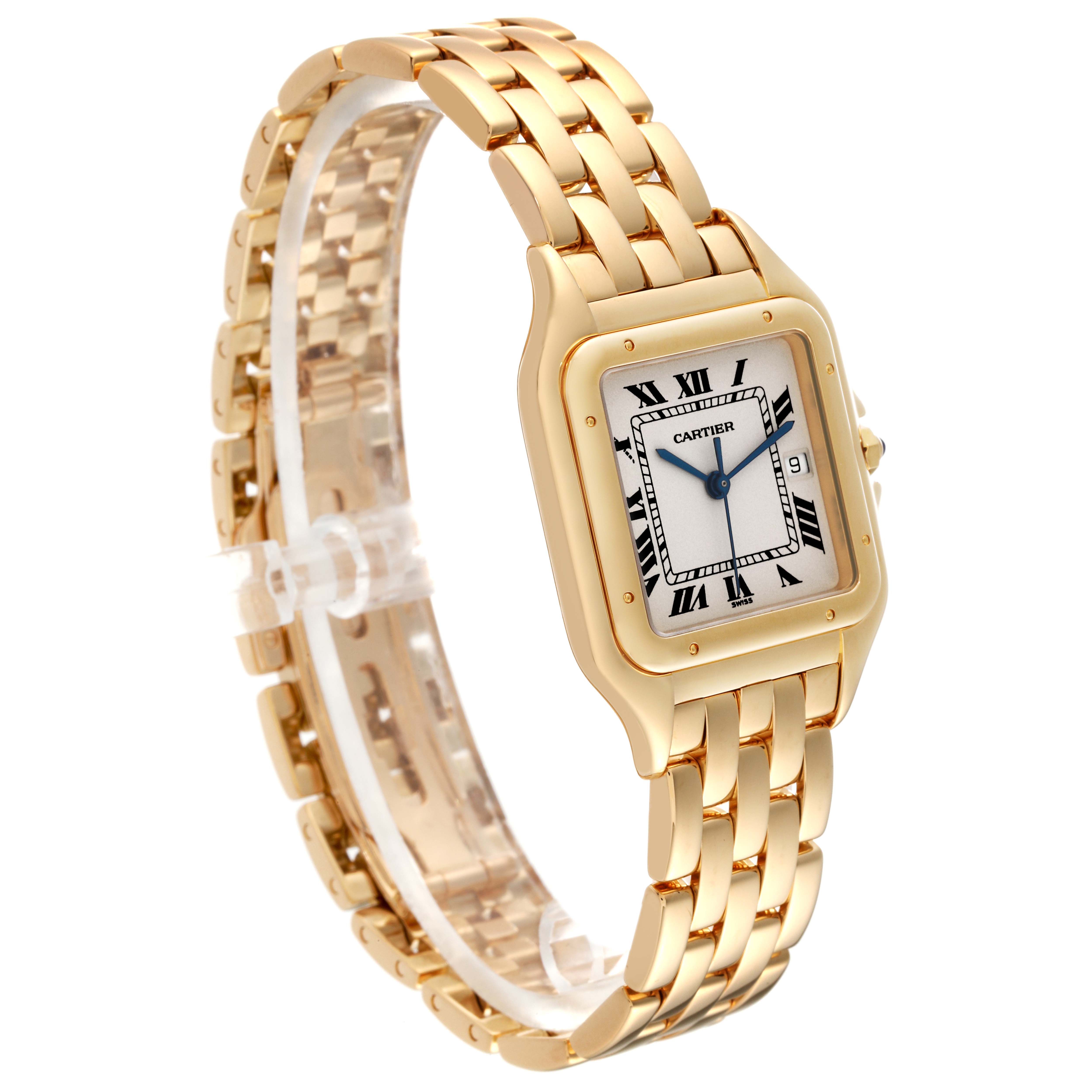 The image shows a front-angled view of the Cartier Panthere W25014B9 Men's Yellow Gold Silver Dial W25014B9 Men's Yellow Gold Silver Dial watch, highlighting its gold bracelet and rectangular face with Roman numerals.