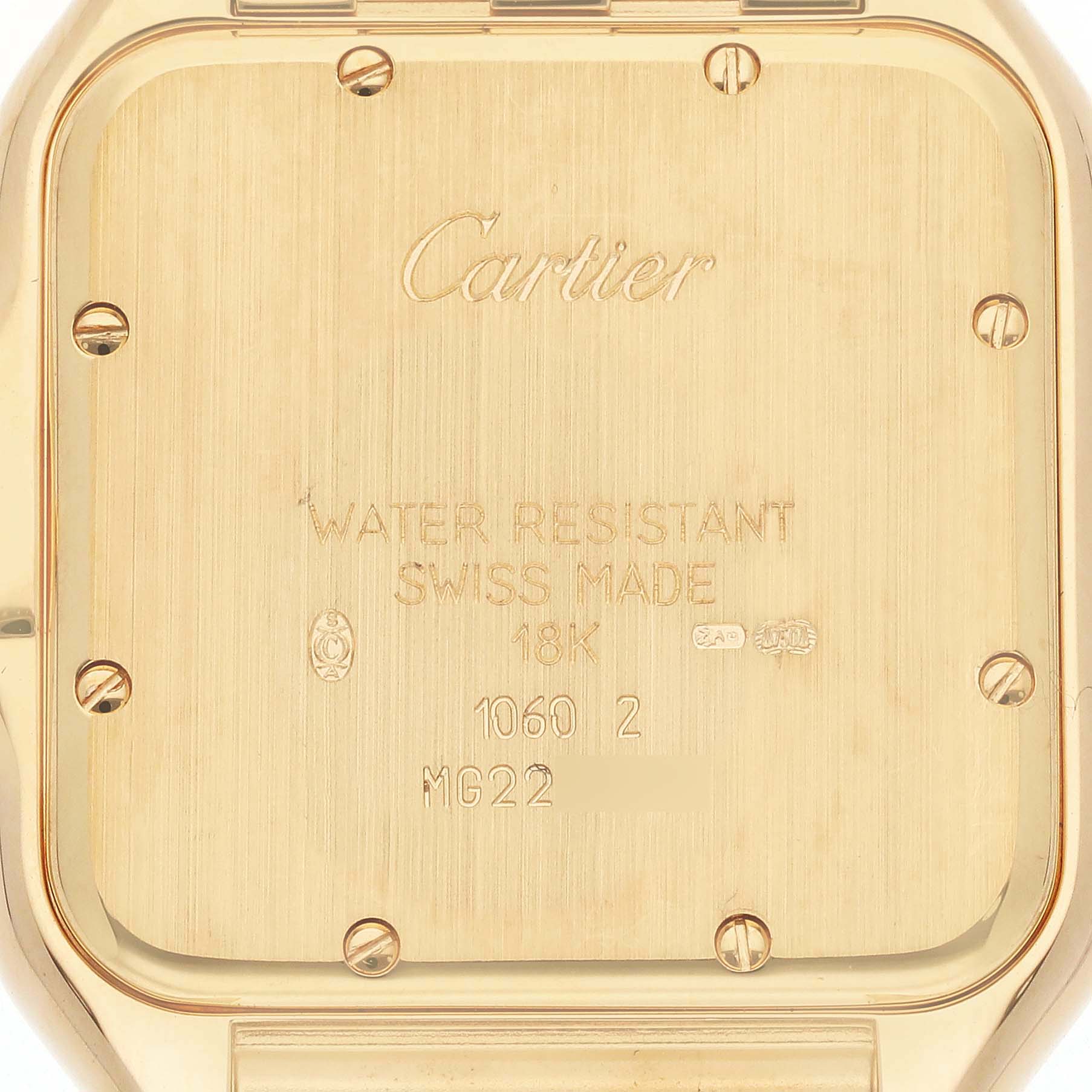 This image shows the back of a Cartier Panthere W25014B9 Men's Yellow Gold Silver Dial W25014B9 Men's Yellow Gold Silver Dial watch, highlighting its markings and screw details.