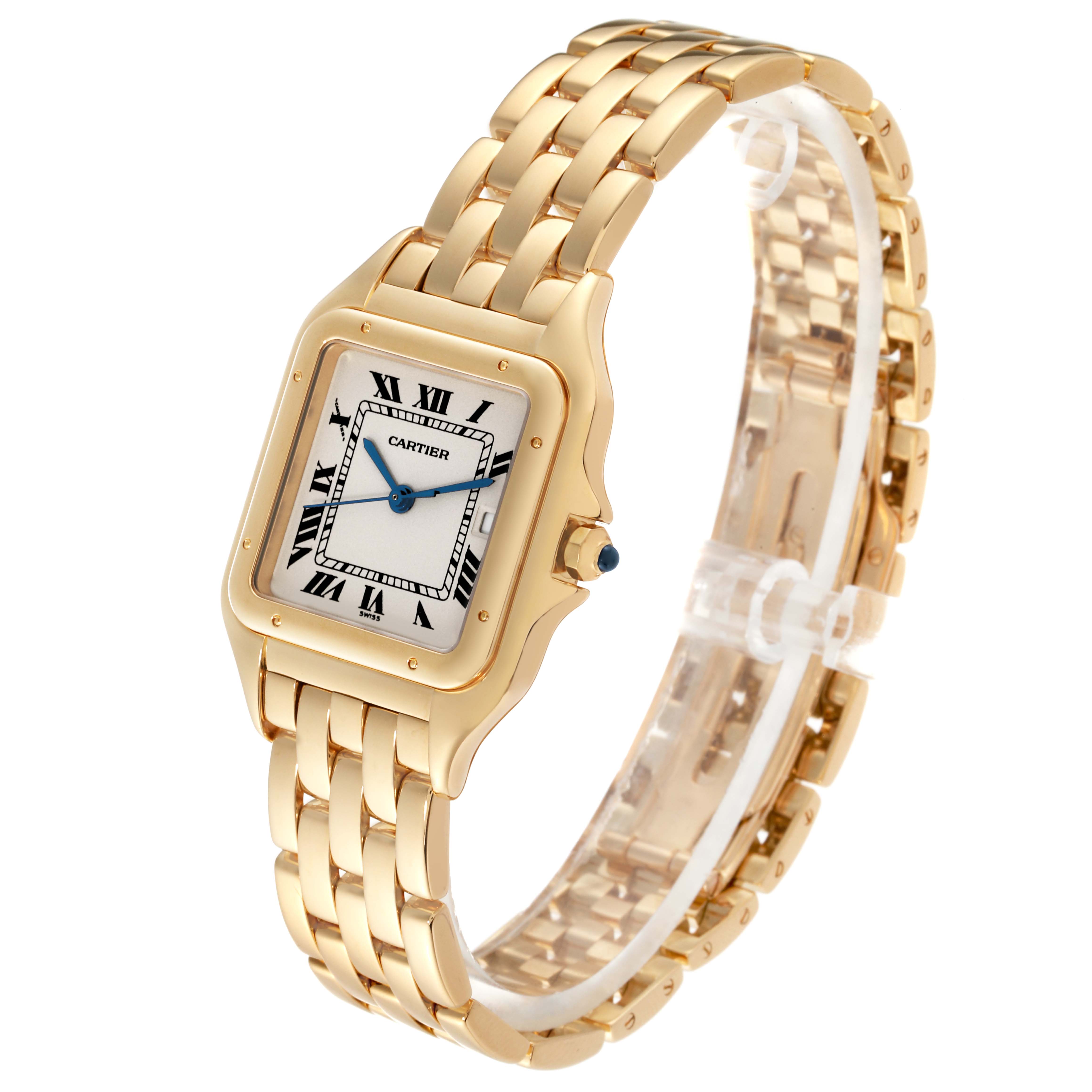 The image shows a Cartier Panthere W25014B9 Men's Yellow Gold Silver Dial W25014B9 Men's Yellow Gold Silver Dial model watch at a slight angle, displaying the face, casing, and gold link bracelet.