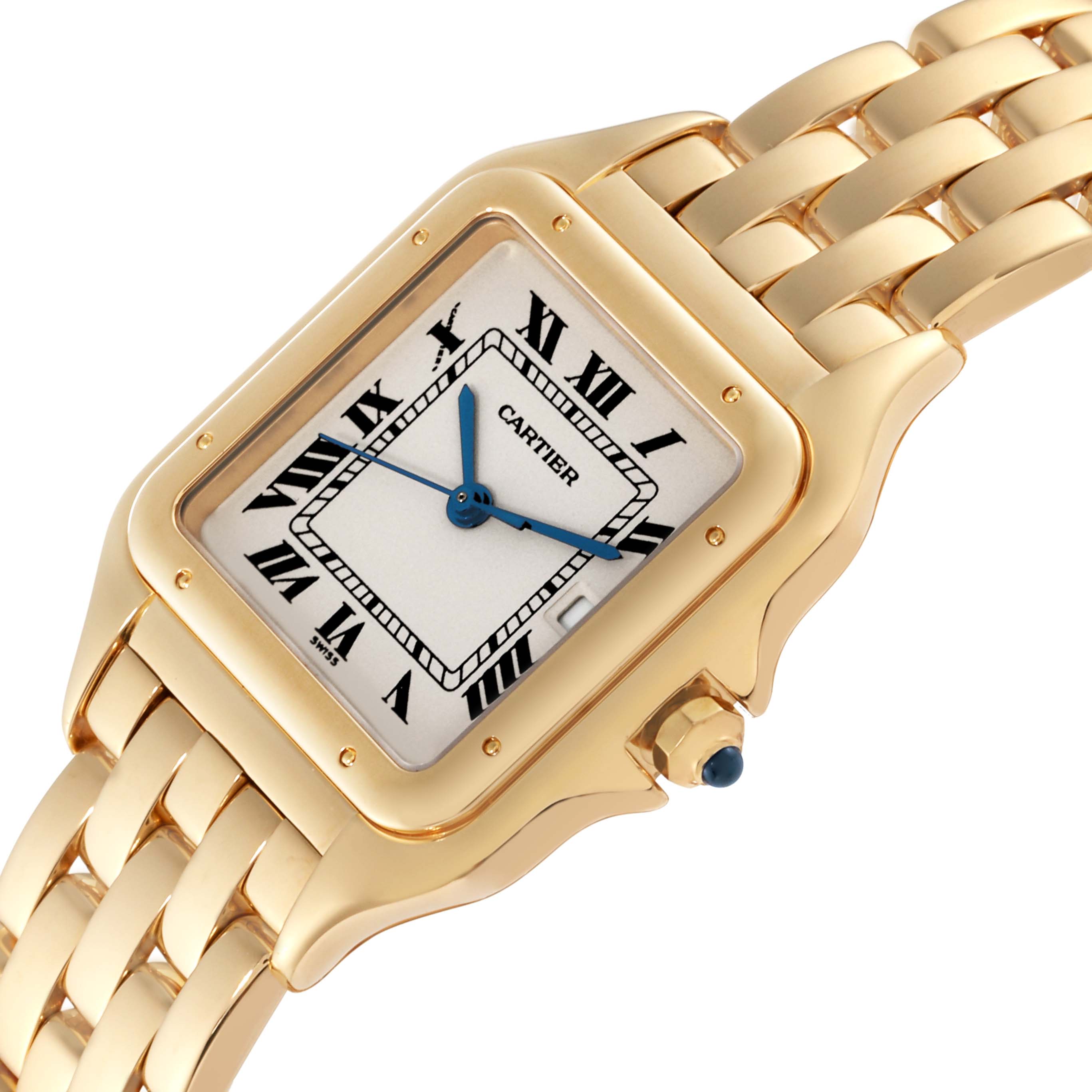 The image shows a close-up view of the Cartier Panthere W25014B9 Men's Yellow Gold Silver Dial W25014B9 Men's Yellow Gold Silver Dial model watch, focusing on the dial, hands, crown, and part of the bracelet.