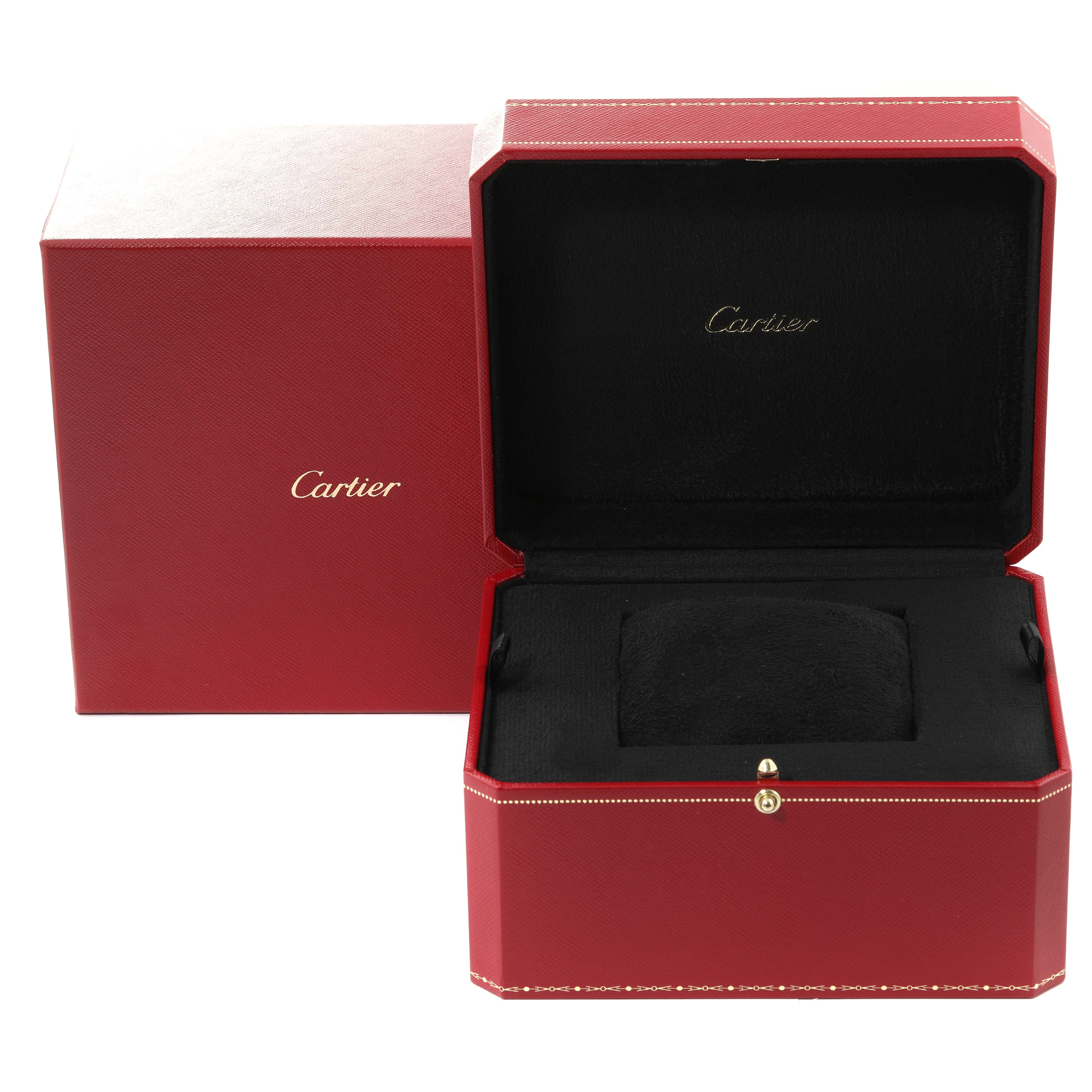 The image shows an open red Cartier box for the Panthere model watch, with the main compartment and cushion visible.