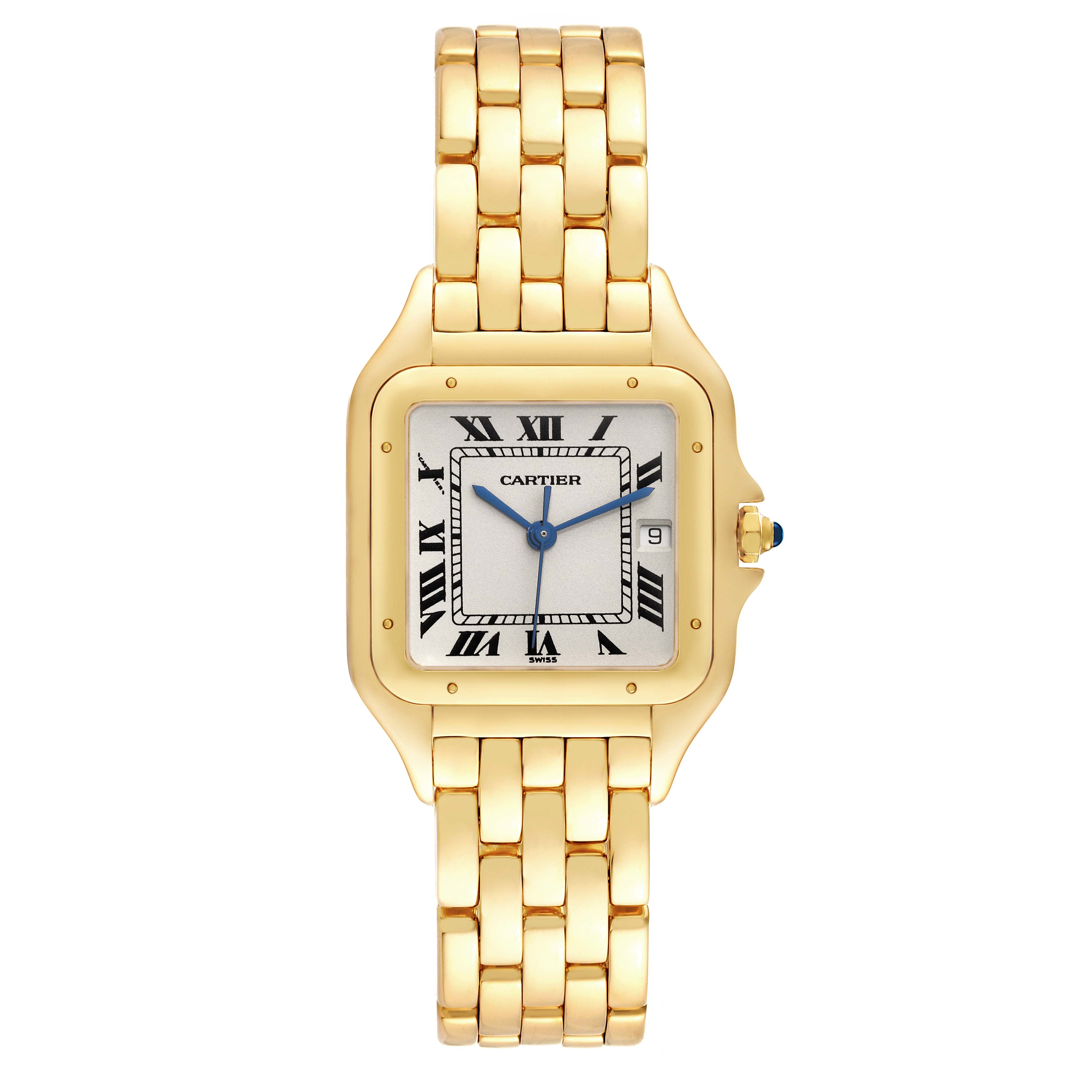 This image shows a front view of the Cartier Panthere W25014B9 Men's Yellow Gold Silver Dial W25014B9 Men's Yellow Gold Silver Dial watch, highlighting its gold case, bracelet, and Roman numeral dial.