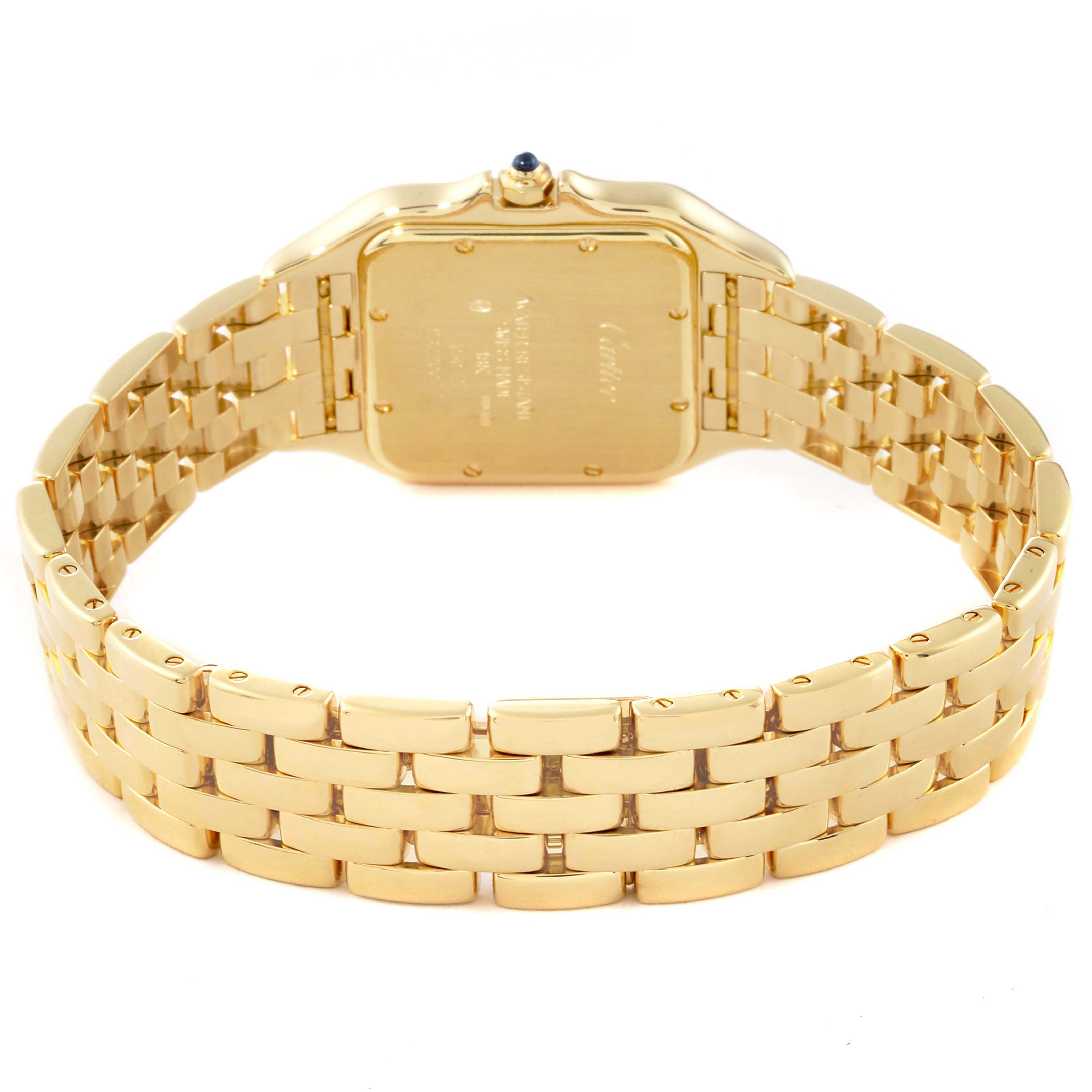 This image shows the rear view of the Panthere model by Cartier, highlighting its gold bracelet and case back.
