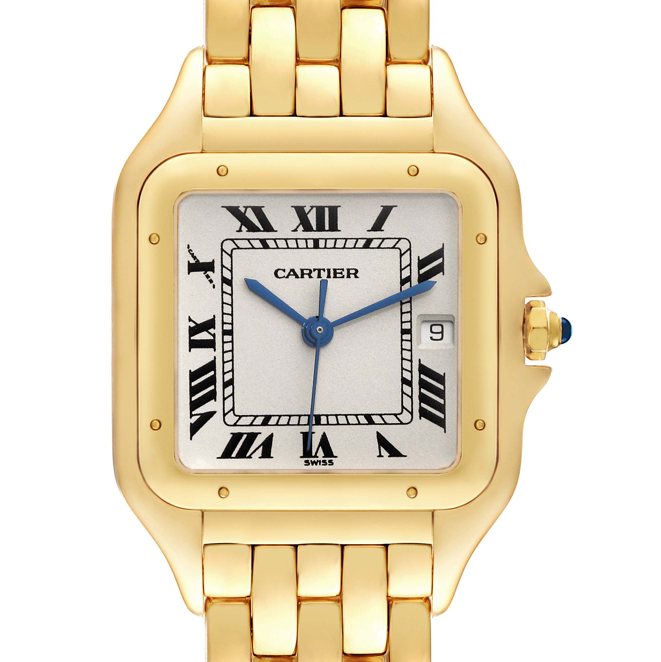 The Cartier Panthere W25014B9 Men's Yellow Gold Silver Dial W25014B9 Men's Yellow Gold Silver Dial model watch is shown from the front, highlighting its gold case, bracelet, Roman numeral dial, and date window.