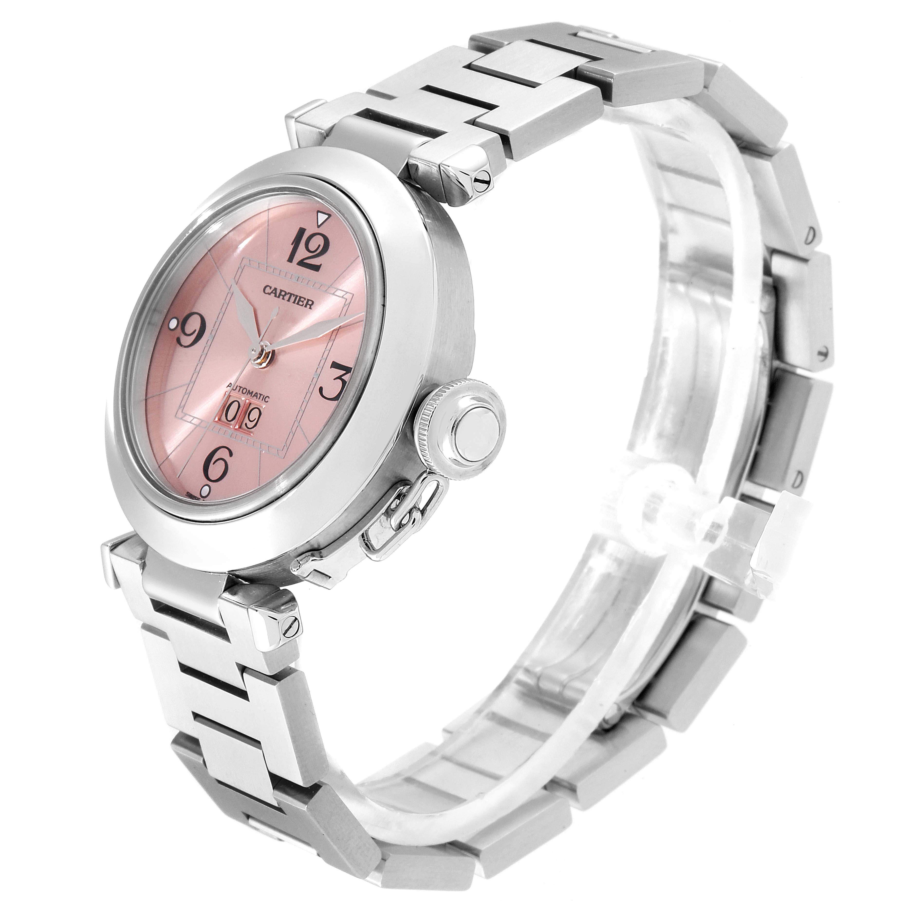 The Cartier Pasha W31058M7 Women's Stainless Steel Pink Dial W31058M7 Women's Stainless Steel Pink Dial watch is shown at an angle displaying the face, case, and part of the metal bracelet.