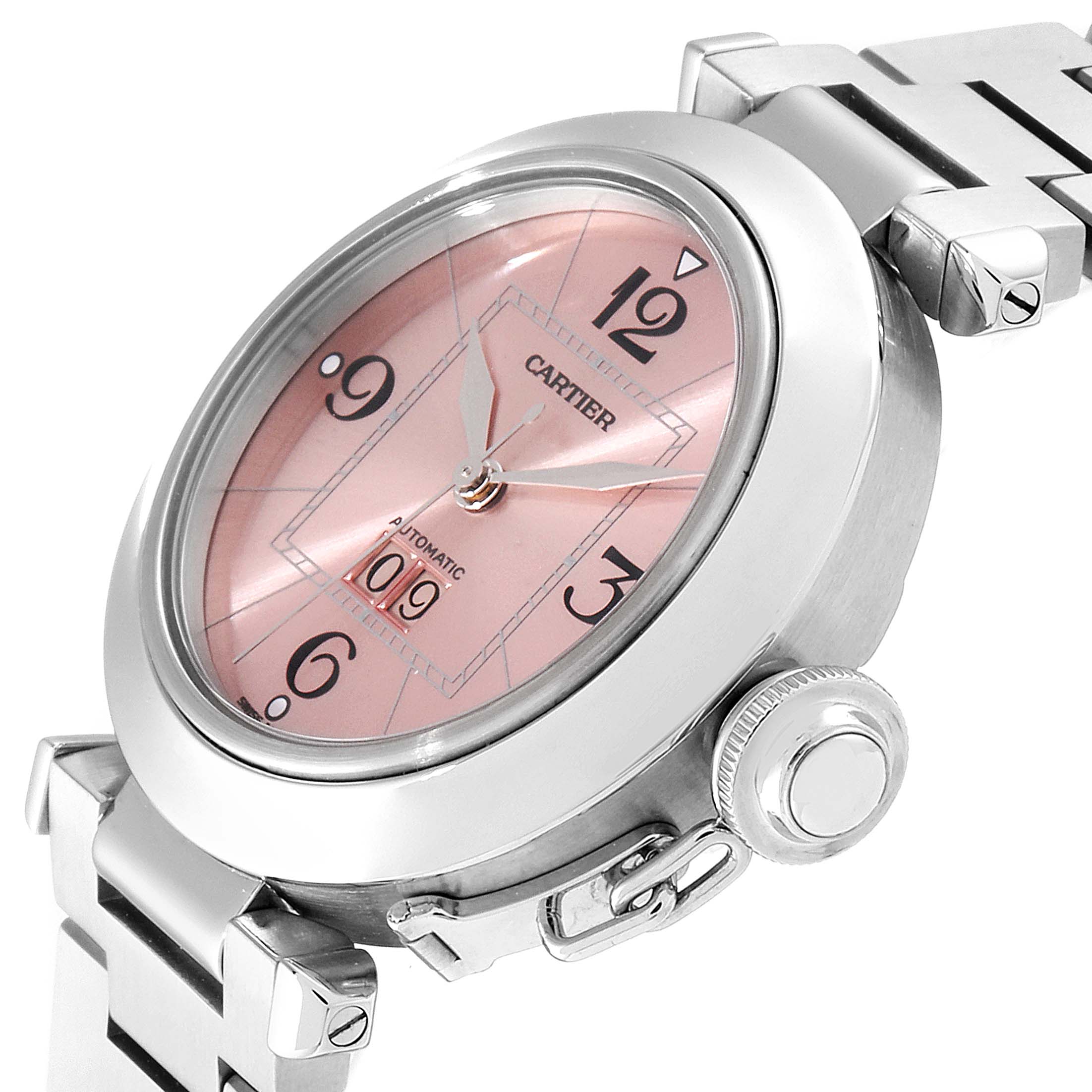 The Cartier Pasha W31058M7 Women's Stainless Steel Pink Dial W31058M7 Women's Stainless Steel Pink Dial watch is shown from a side angle highlighting the pink dial, crown, and part of the metal bracelet.