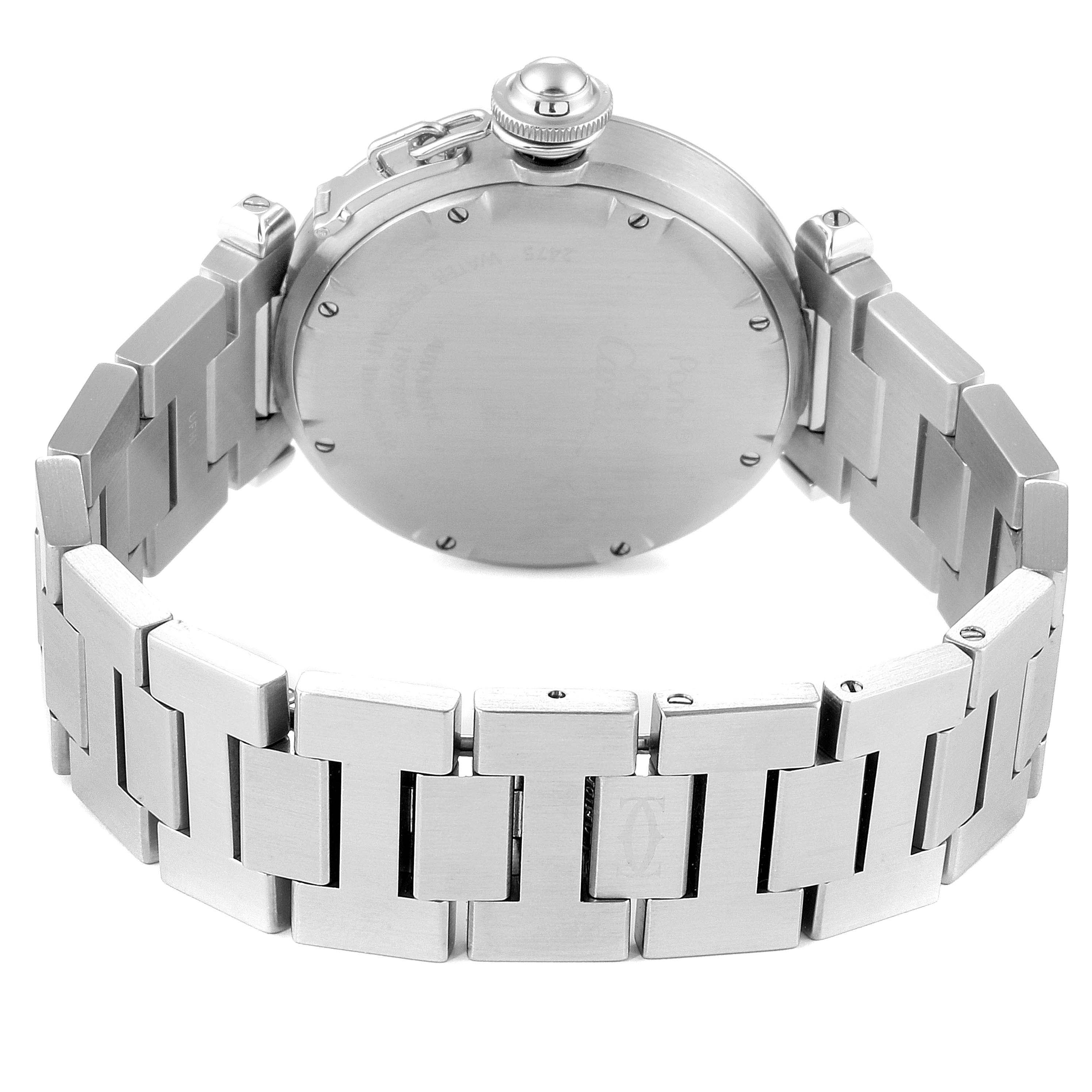 This image shows the back case and metal bracelet of a Cartier Pasha W31058M7 Women's Stainless Steel Pink Dial W31058M7 Women's Stainless Steel Pink Dial watch from a rear angle.