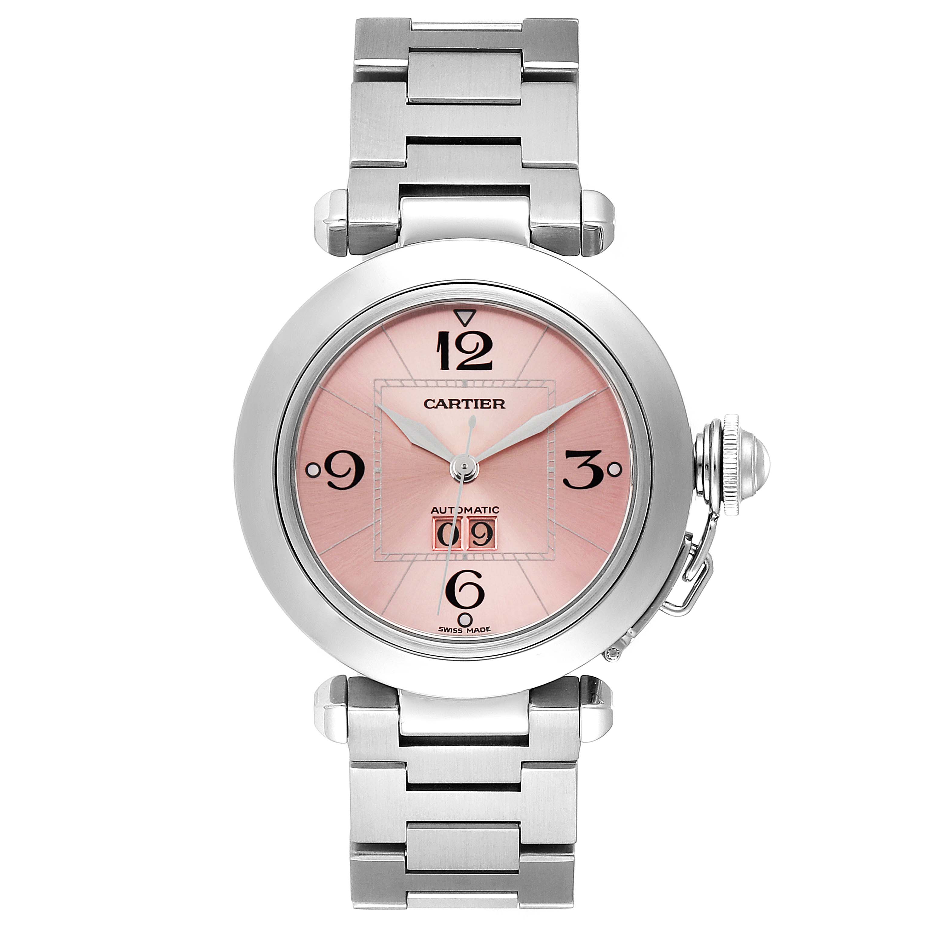 This image shows a front view of the Cartier Pasha W31058M7 Women's Stainless Steel Pink Dial W31058M7 Women's Stainless Steel Pink Dial watch with a pink dial and silver metal bracelet.