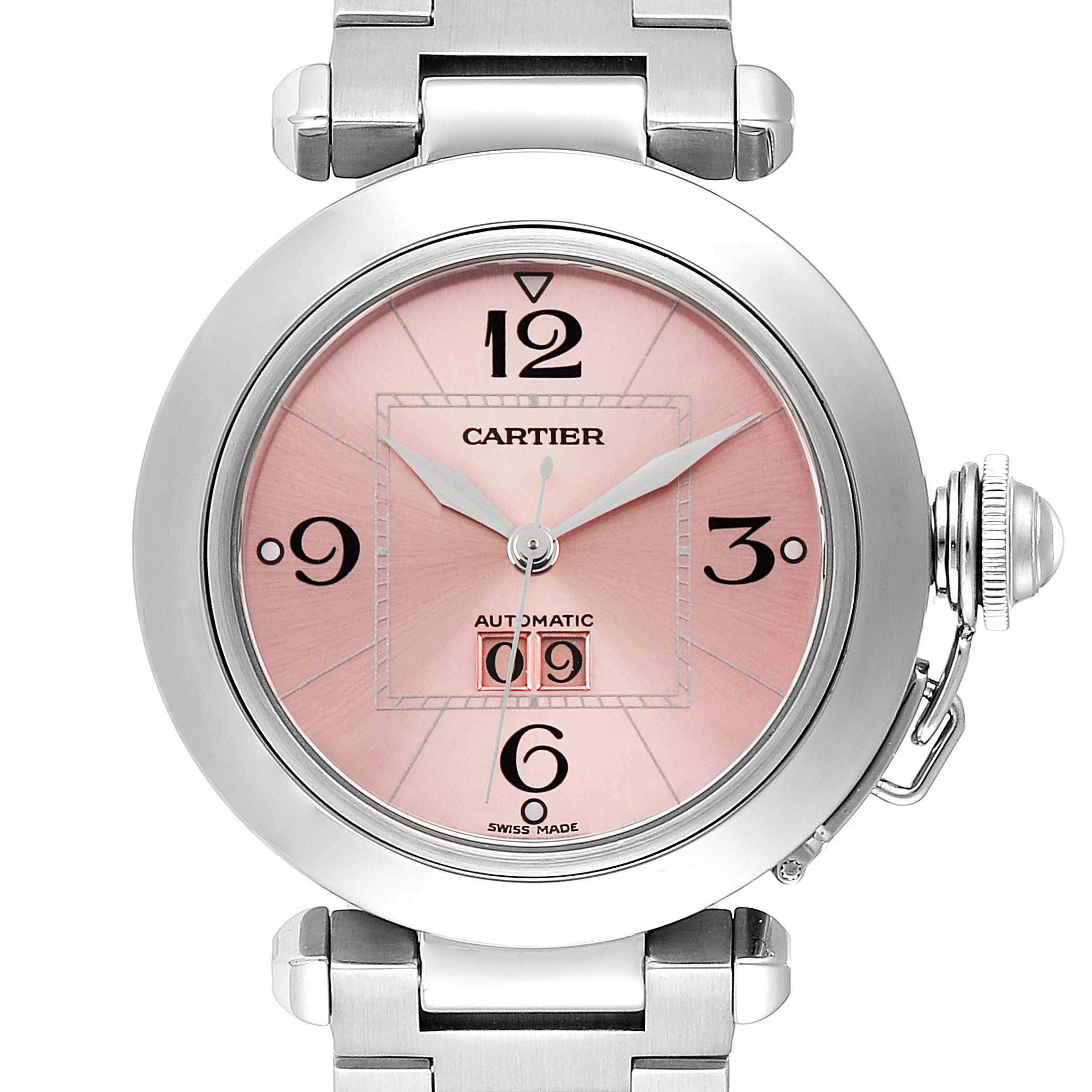 The Cartier Pasha W31058M7 Women's Stainless Steel Pink Dial W31058M7 Women's Stainless Steel Pink Dial watch is shown from a front angle, highlighting its dial, hands, case, crown, and part of the bracelet.