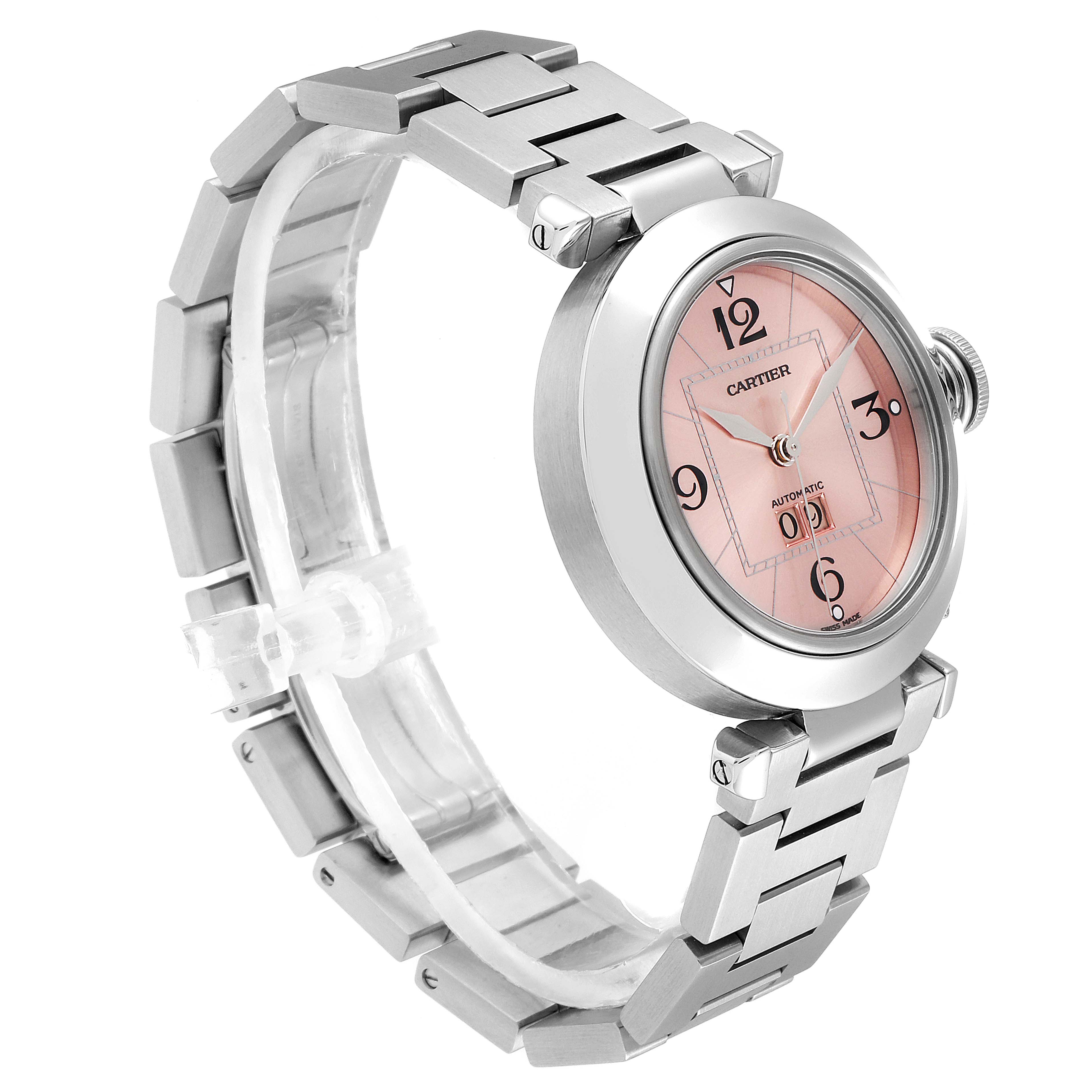 This image shows a Cartier Pasha W31058M7 Women's Stainless Steel Pink Dial W31058M7 Women's Stainless Steel Pink Dial model watch at a slight angle, highlighting its pink dial, metal bracelet, and crown.