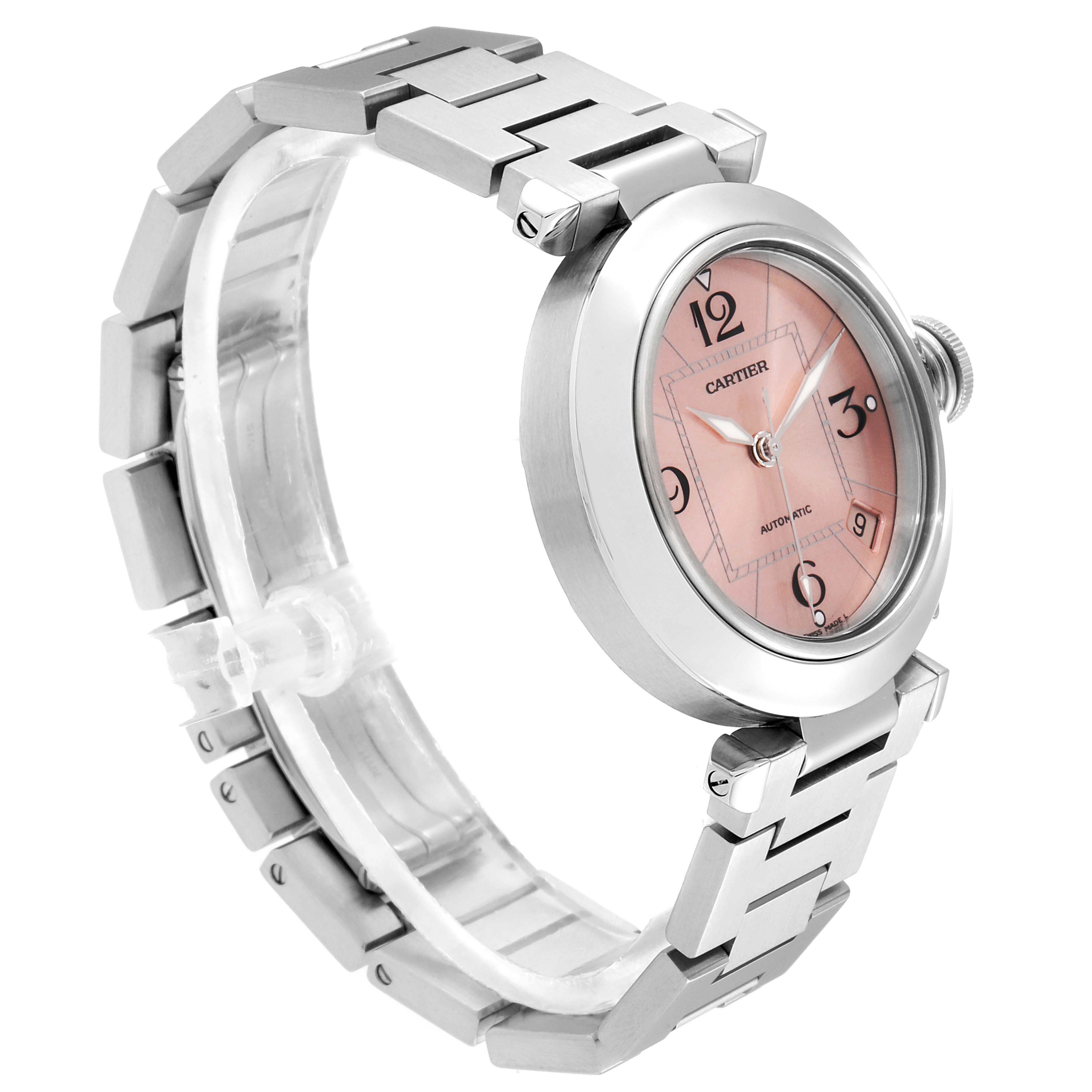 This image shows a Cartier Pasha W31075M7 Women's Stainless Steel Pink Dial W31075M7 Women's Stainless Steel Pink Dial watch from a side angle, displaying the bracelet and round case with a pink dial.