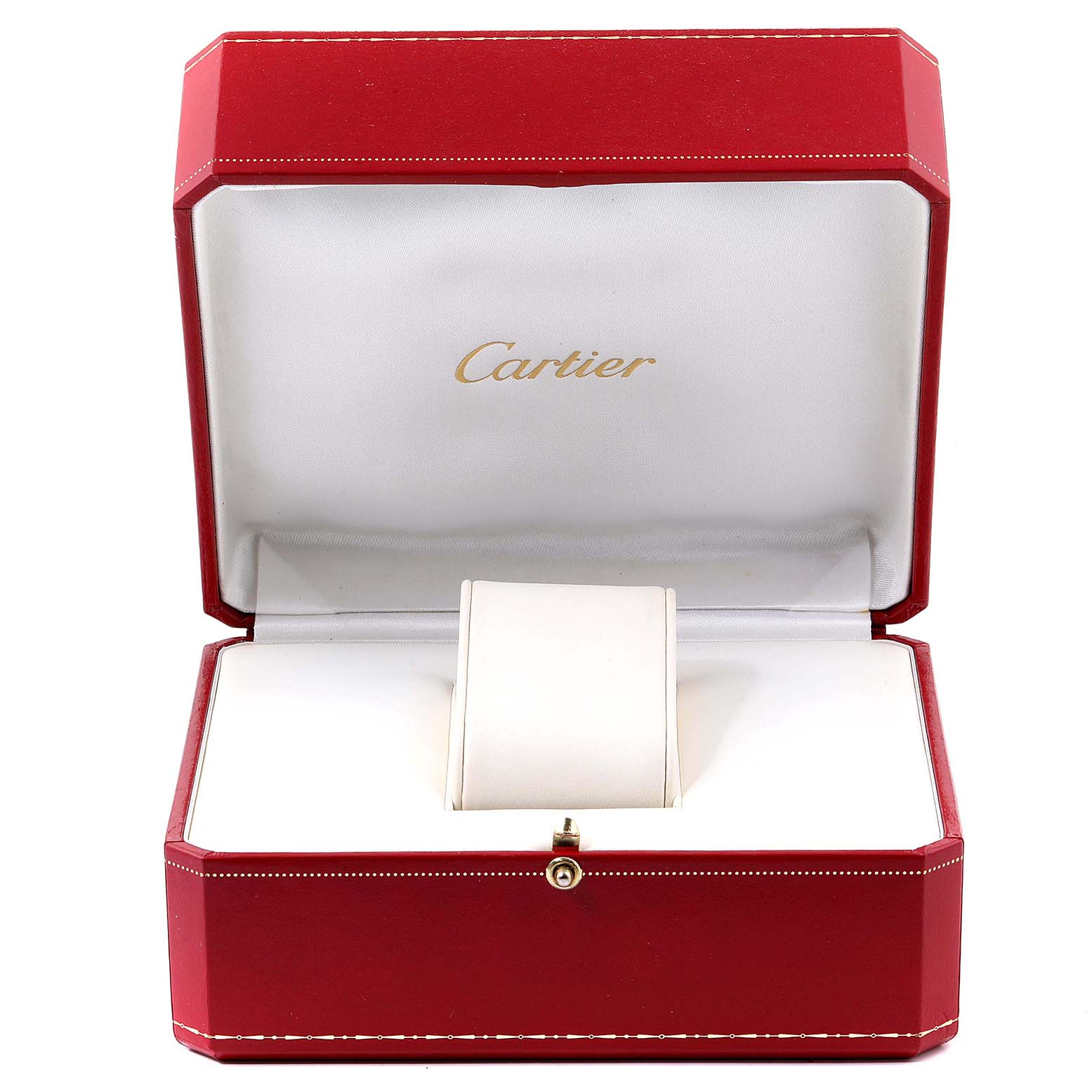 The image shows the luxury box for a Cartier Pasha W31075M7 Women's Stainless Steel Pink Dial W31075M7 Women's Stainless Steel Pink Dial model watch, displayed from the front angle and opened to reveal the interior.