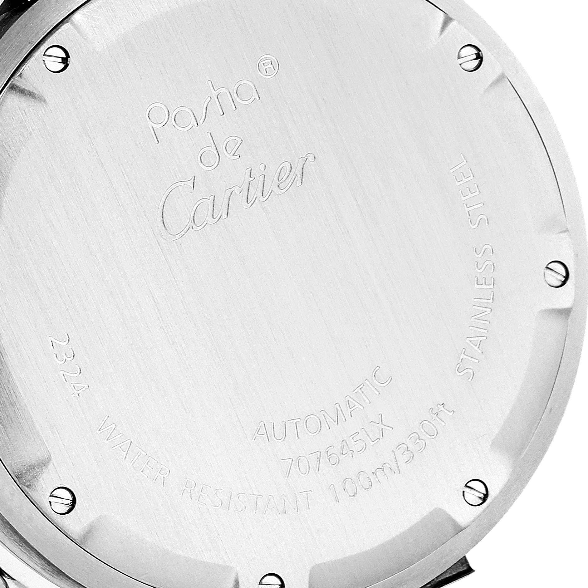 The image shows the back case of a Cartier Pasha W31075M7 Women's Stainless Steel Pink Dial W31075M7 Women's Stainless Steel Pink Dial watch, highlighting the model, brand engraving, and screws.