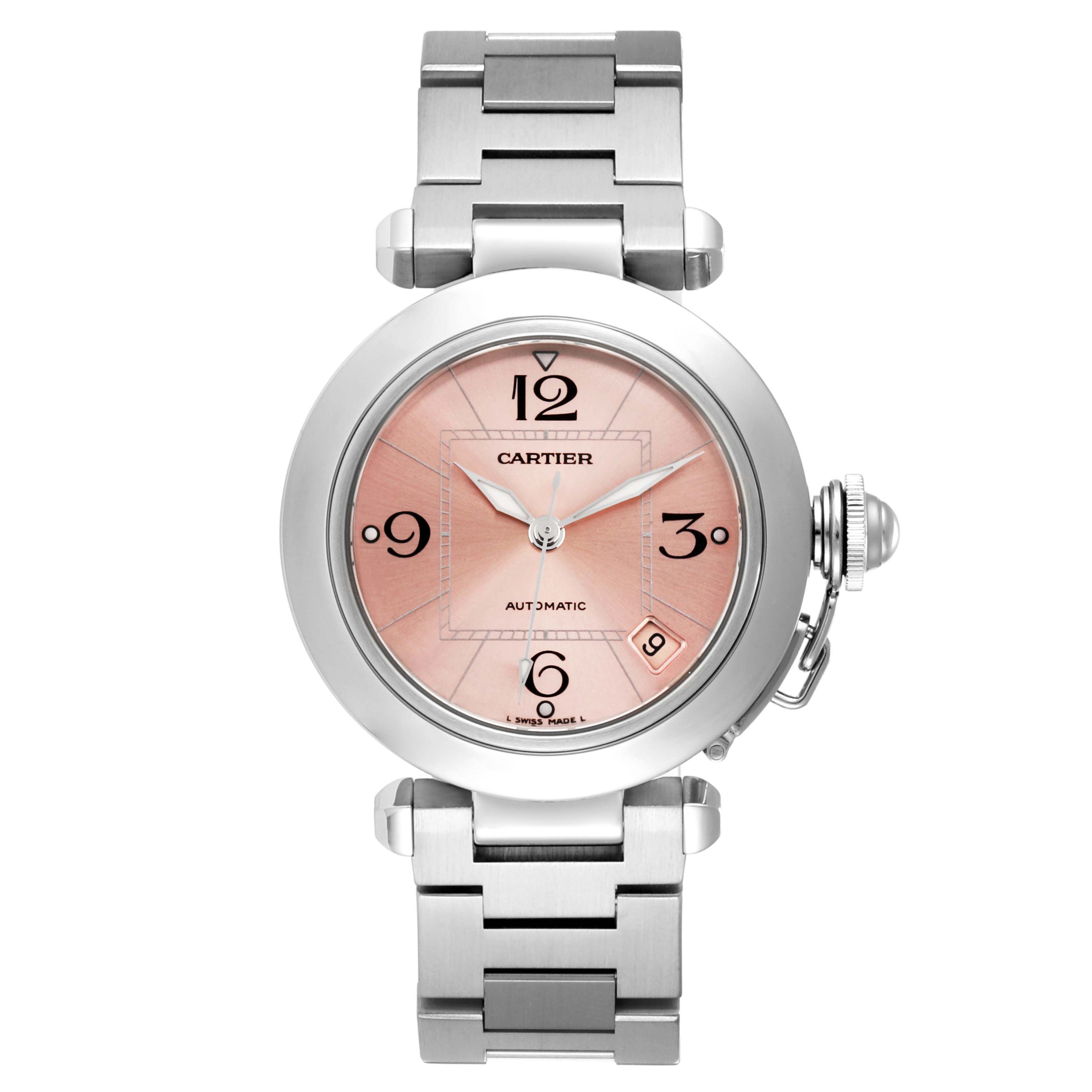 The image shows a front view of a Cartier Pasha W31075M7 Women's Stainless Steel Pink Dial W31075M7 Women's Stainless Steel Pink Dial watch with a round pink dial and metallic bracelet.