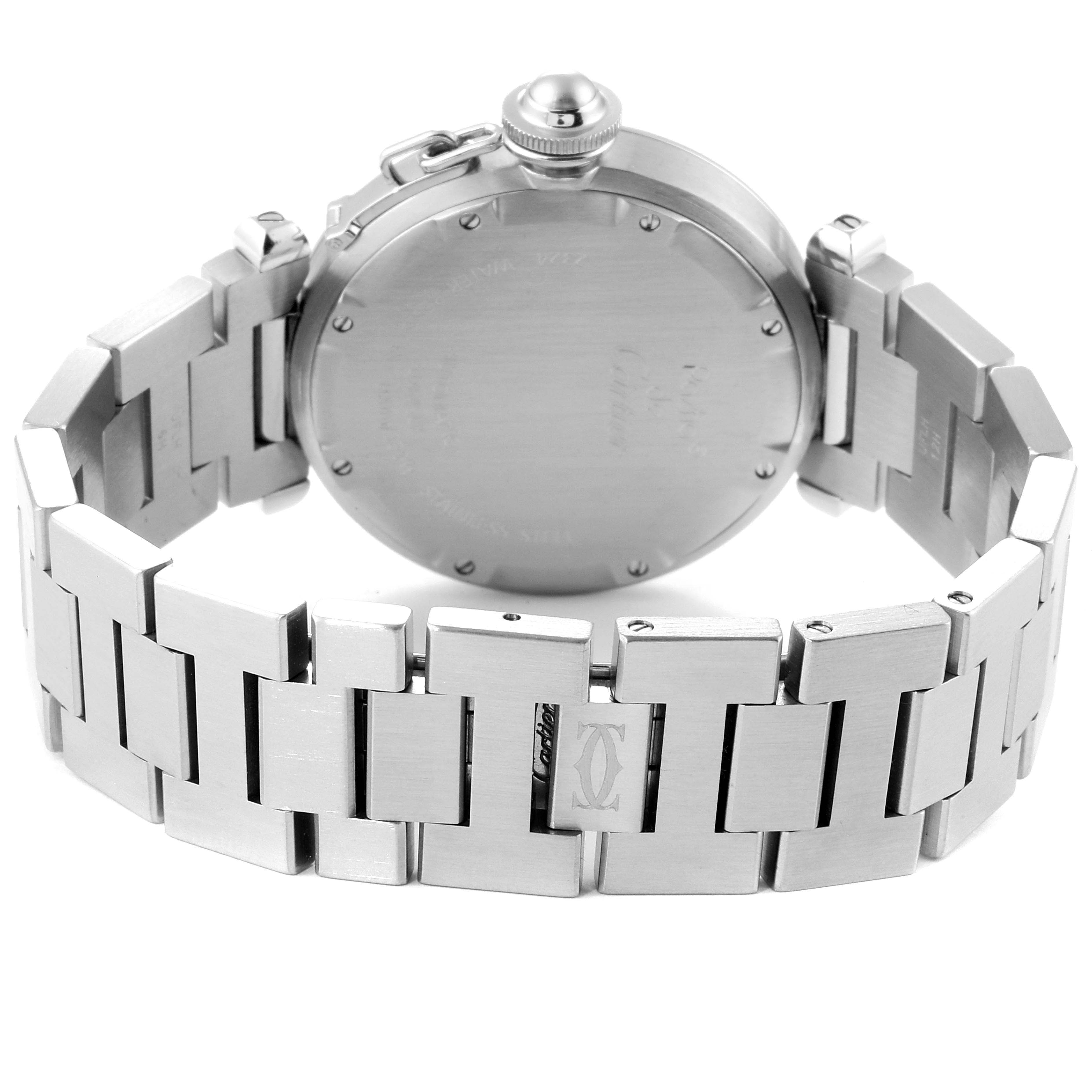 The image shows the back side and bracelet of the Cartier Pasha W31075M7 Women's Stainless Steel Pink Dial W31075M7 Women's Stainless Steel Pink Dial watch.