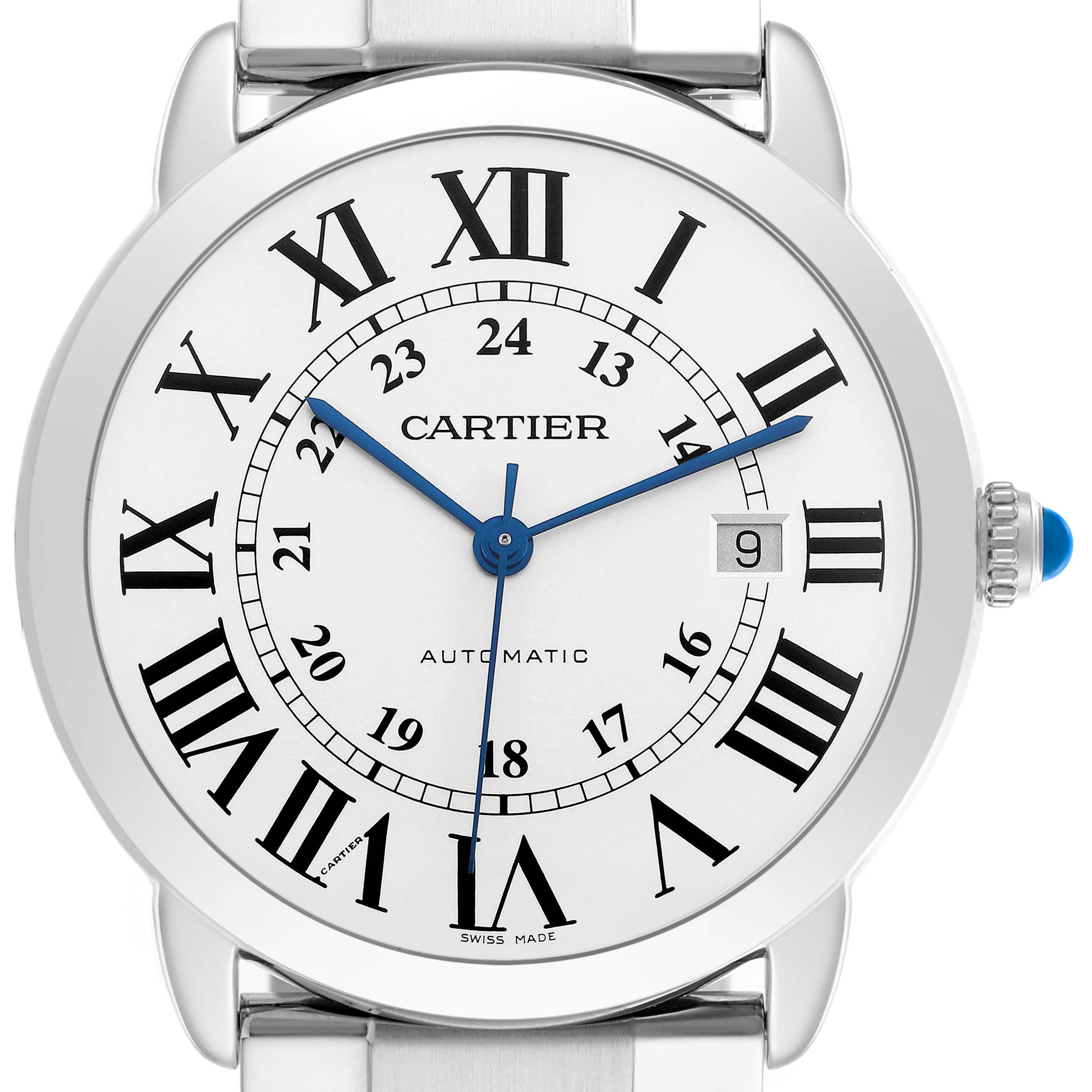 The Cartier Ronde W6701011 Men's Stainless Steel Silver Dial watch is shown from the front, highlighting its Roman numerals, hands, and date window.