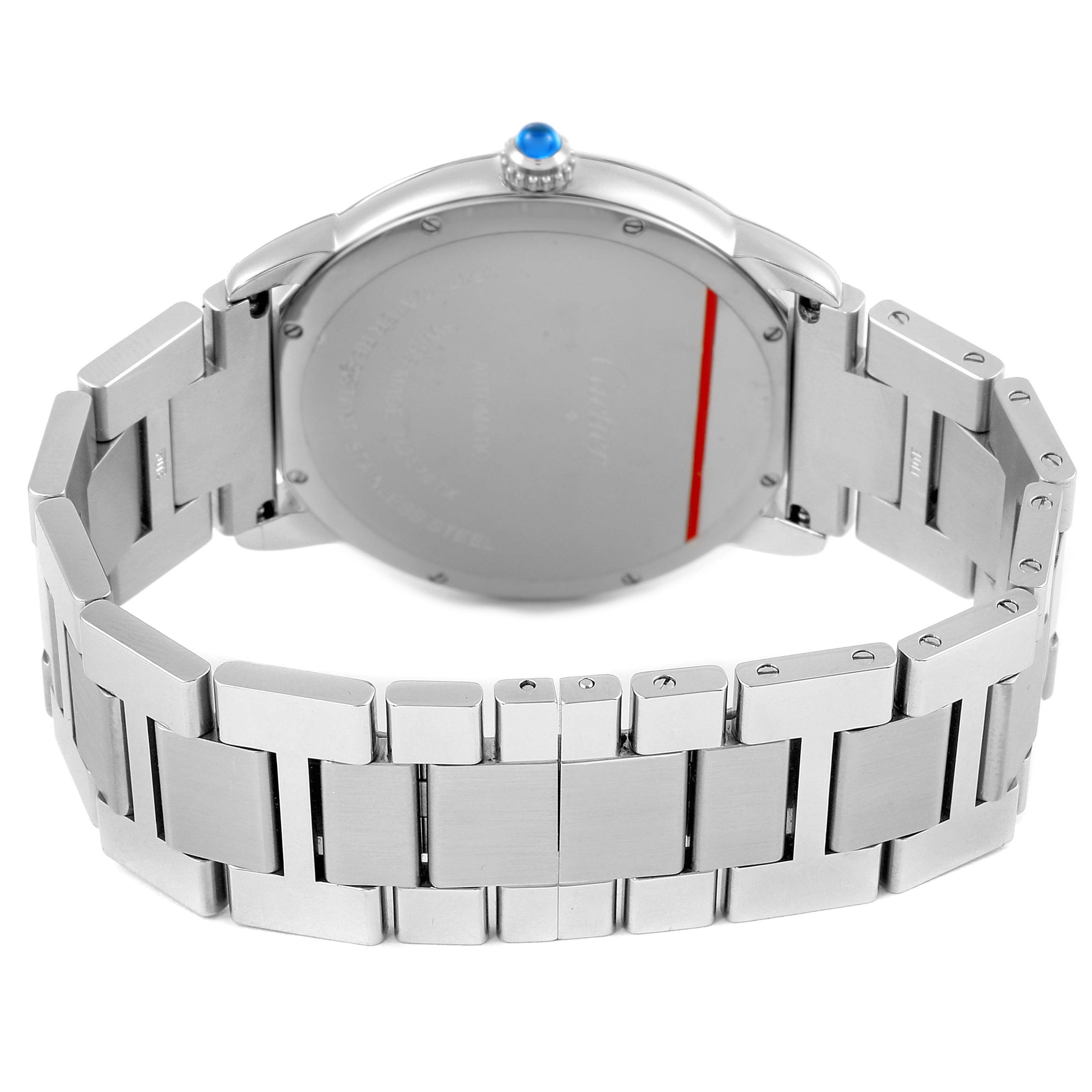 The image shows the back and bracelet of a Cartier Ronde W6701011 Men's Stainless Steel Silver Dial watch, highlighting the closure and rear view.