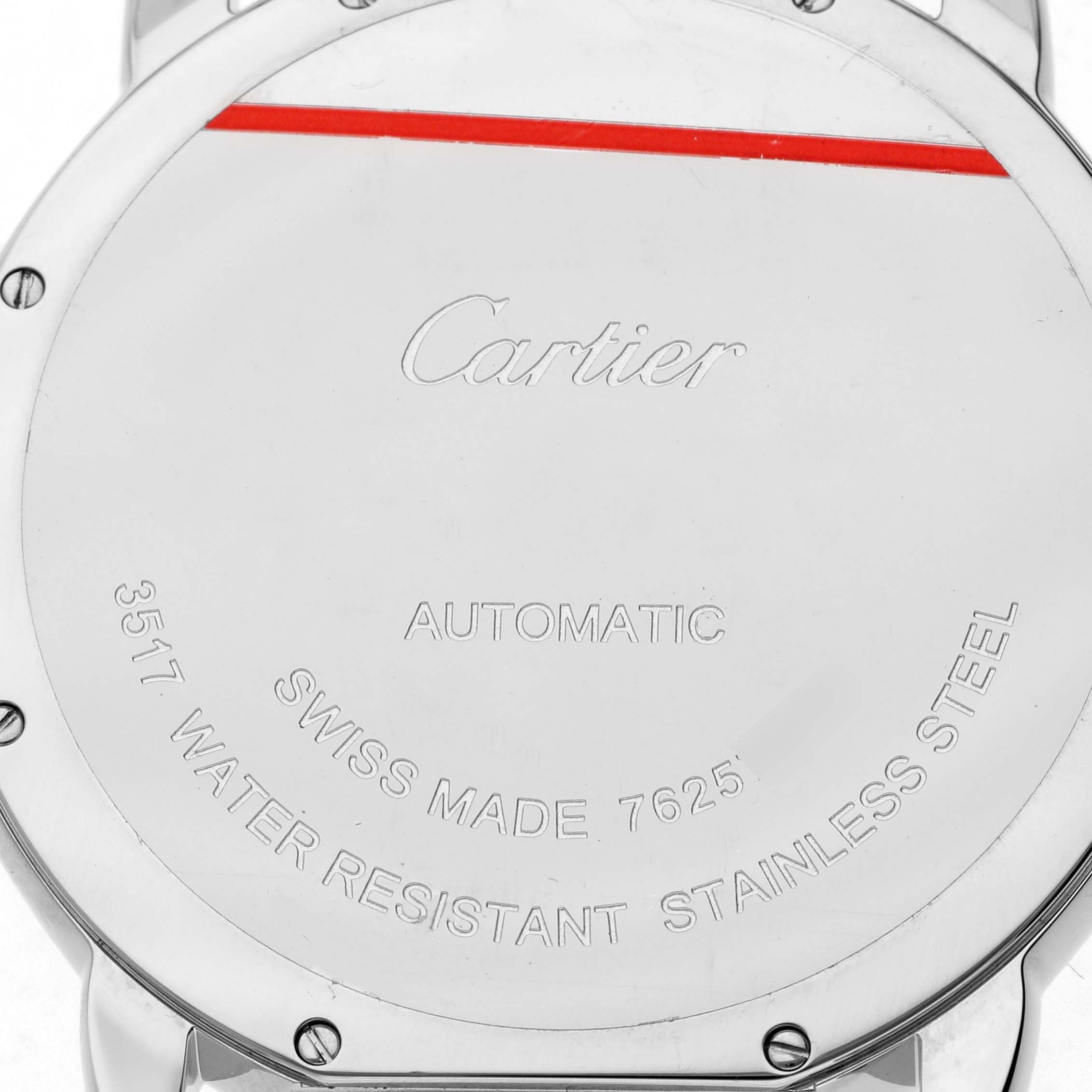 The image shows the back of a Cartier Ronde W6701011 Men's Stainless Steel Silver Dial watch, highlighting the engraved details and metal casing.