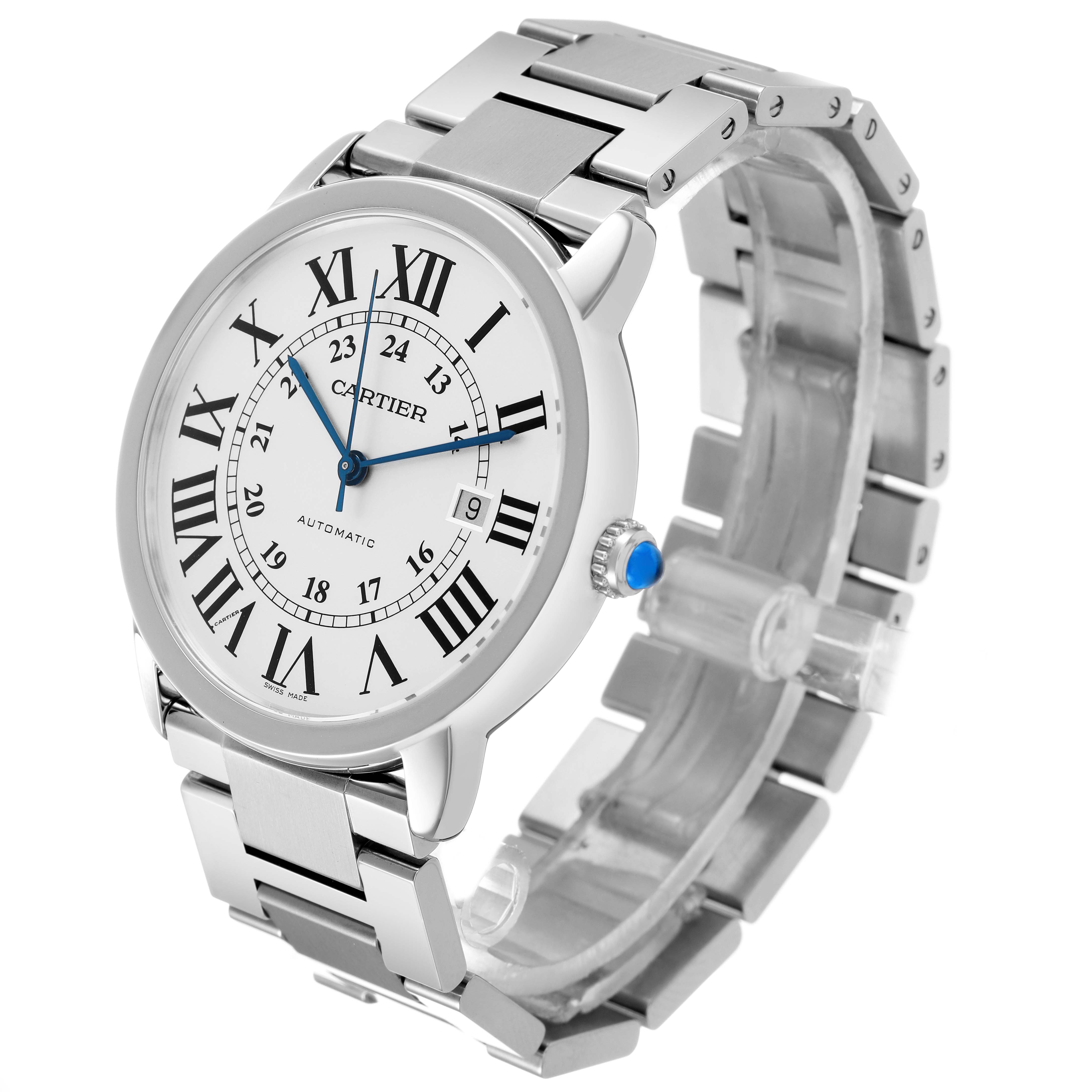 The Cartier Ronde W6701011 Men's Stainless Steel Silver Dial watch is shown at a slight angle, displaying the face, Roman numerals, blue hands, crown, and metal bracelet.