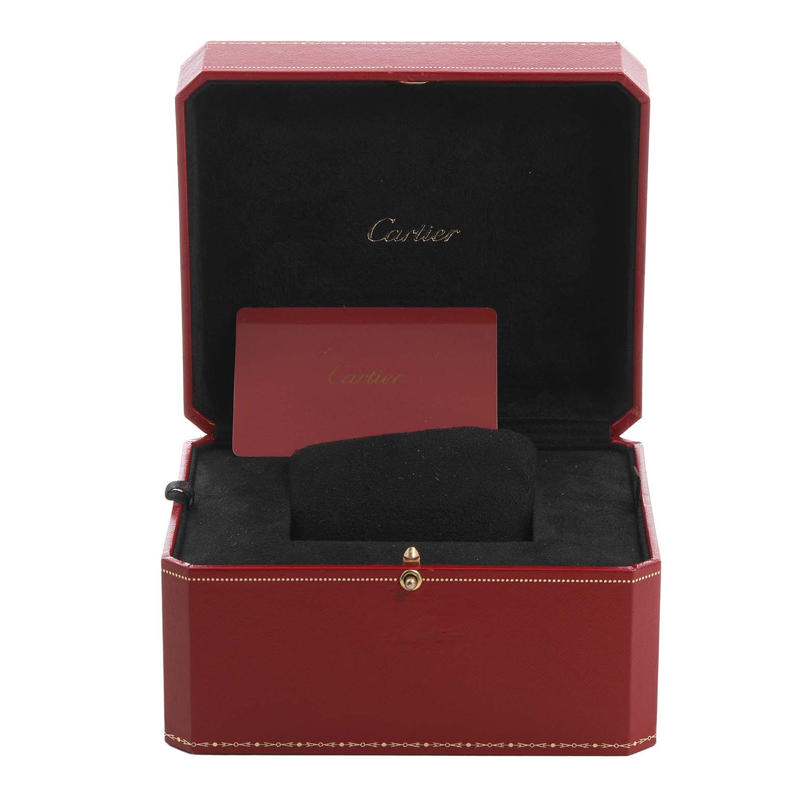 The image shows an open Cartier Ronde W6701011 Men's Stainless Steel Silver Dial watch box with a card, featuring the Cartier logo inside.