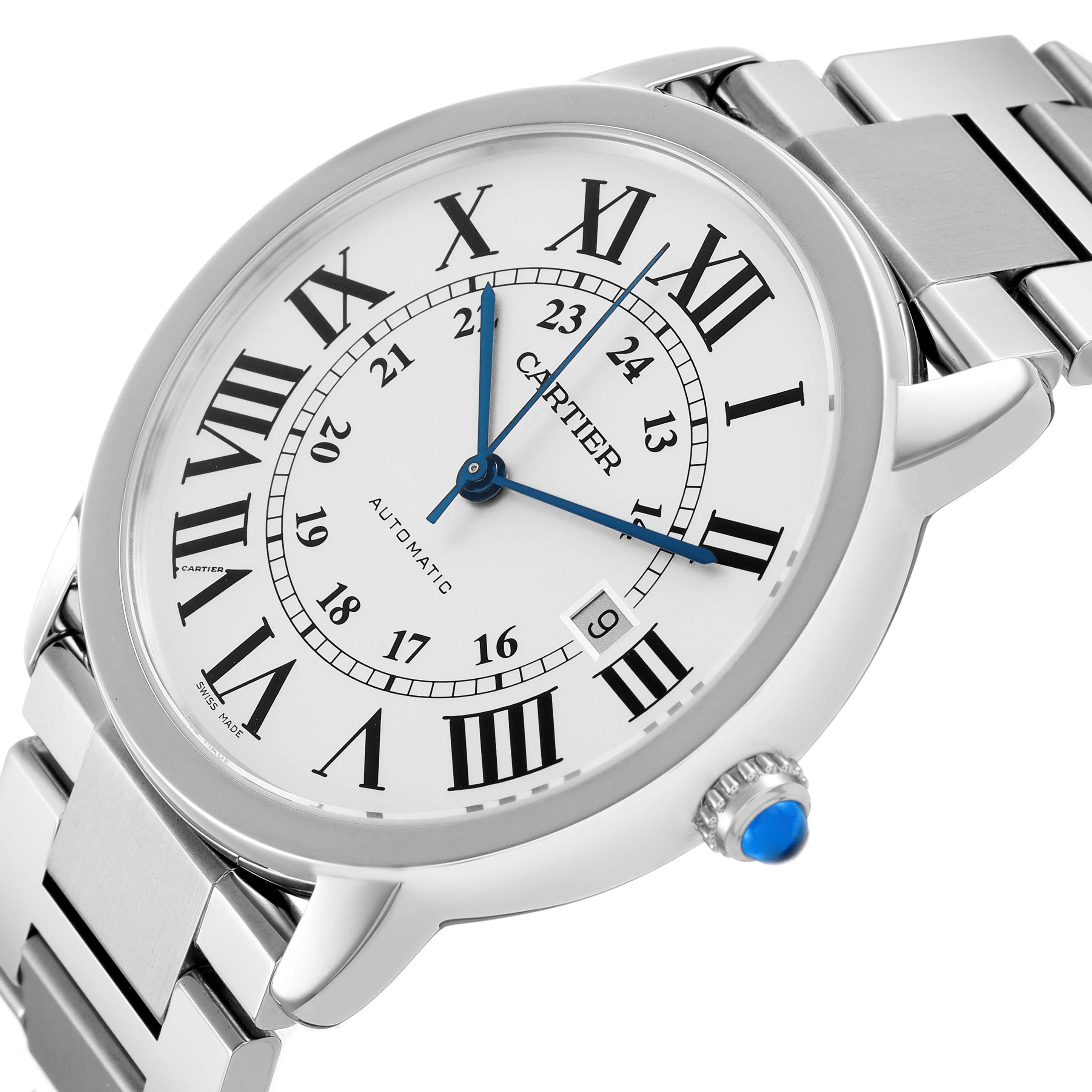 The Cartier Ronde W6701011 Men's Stainless Steel Silver Dial watch is shown at a slight angle, featuring the face, bezel, crown, and part of the bracelet.