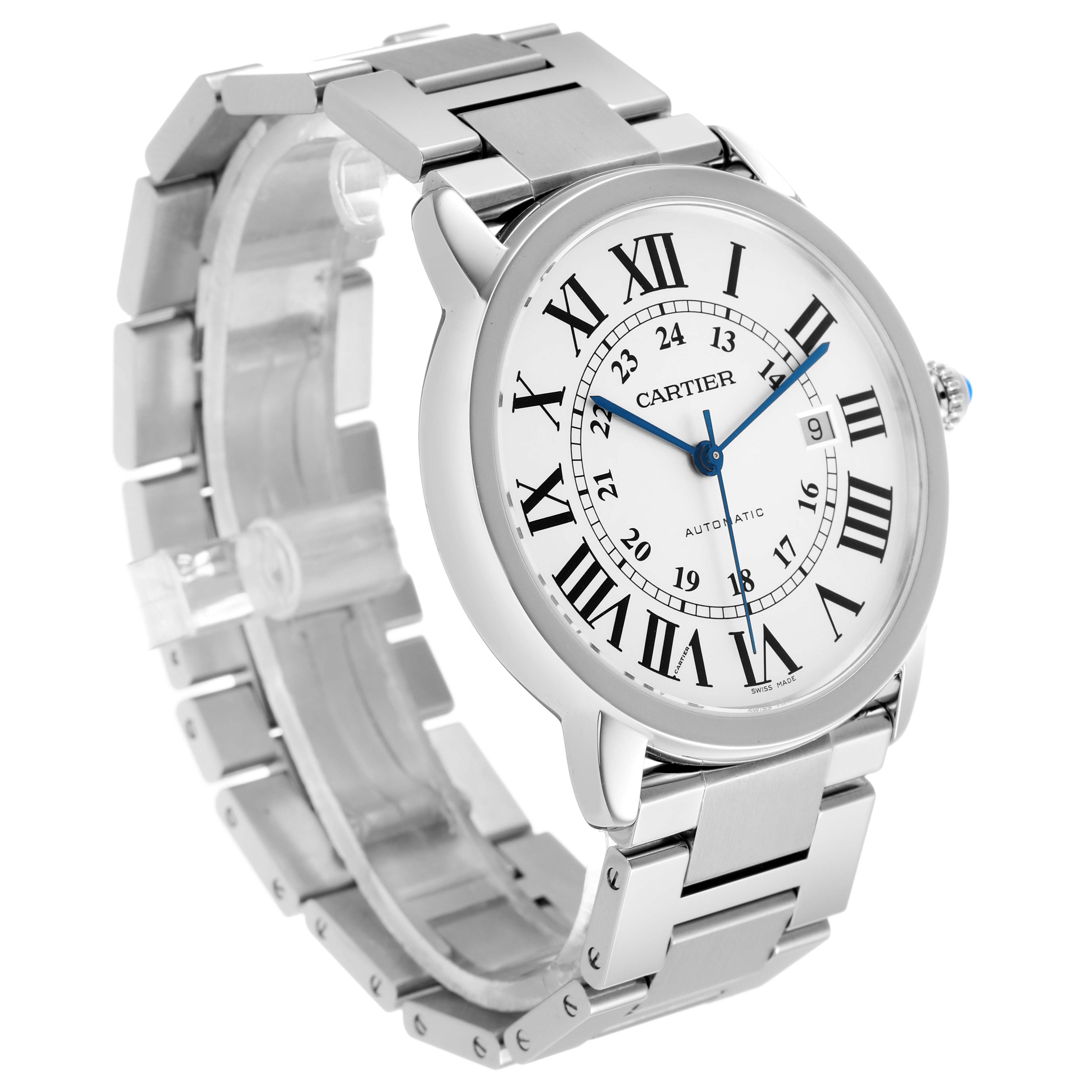 The Cartier Ronde W6701011 Men's Stainless Steel Silver Dial watch is shown at a three-quarter angle displaying the face, bezel, crown, and bracelet.