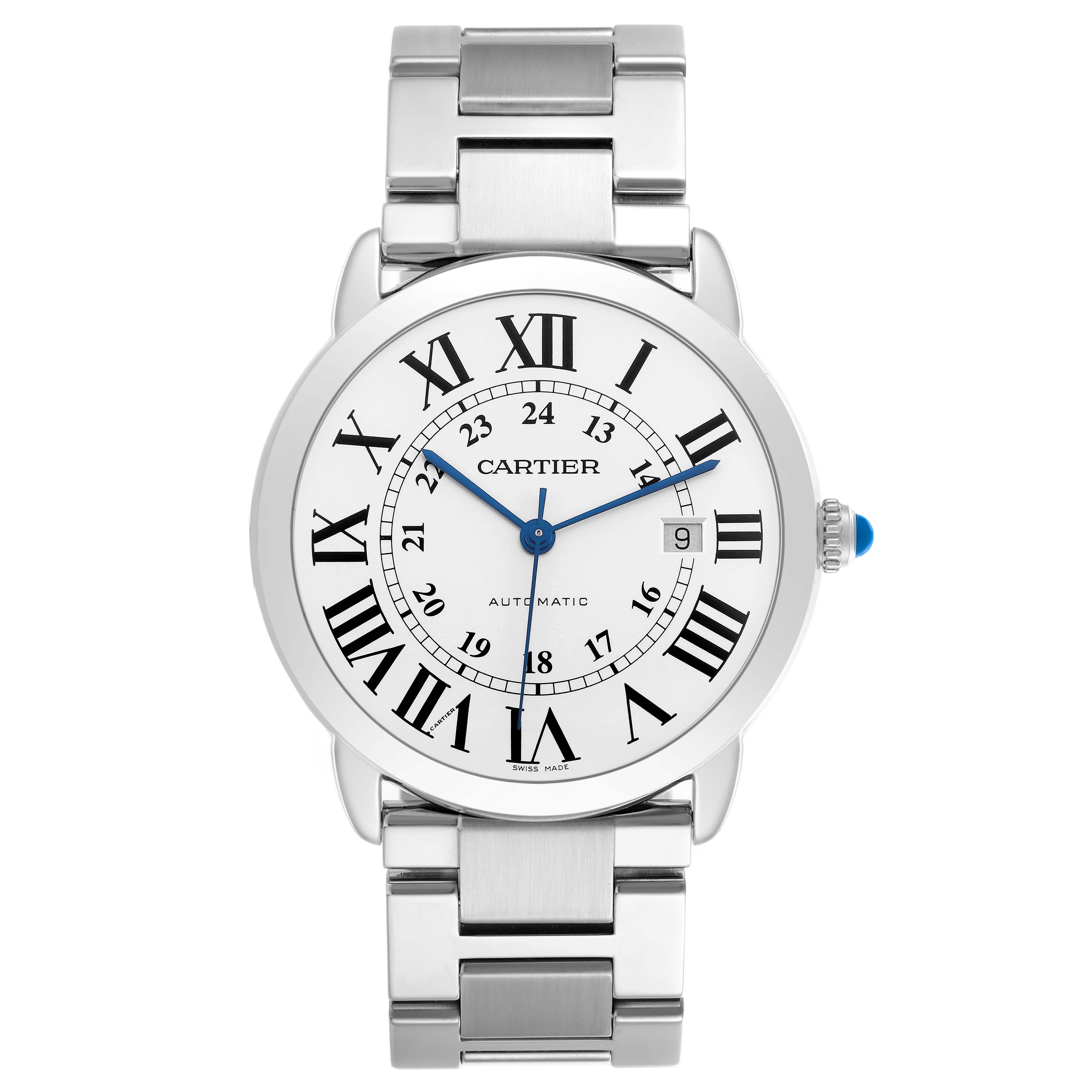 The image shows a Cartier Ronde W6701011 Men's Stainless Steel Silver Dial watch from a top view, highlighting the face, bezel, crown, and metal bracelet.