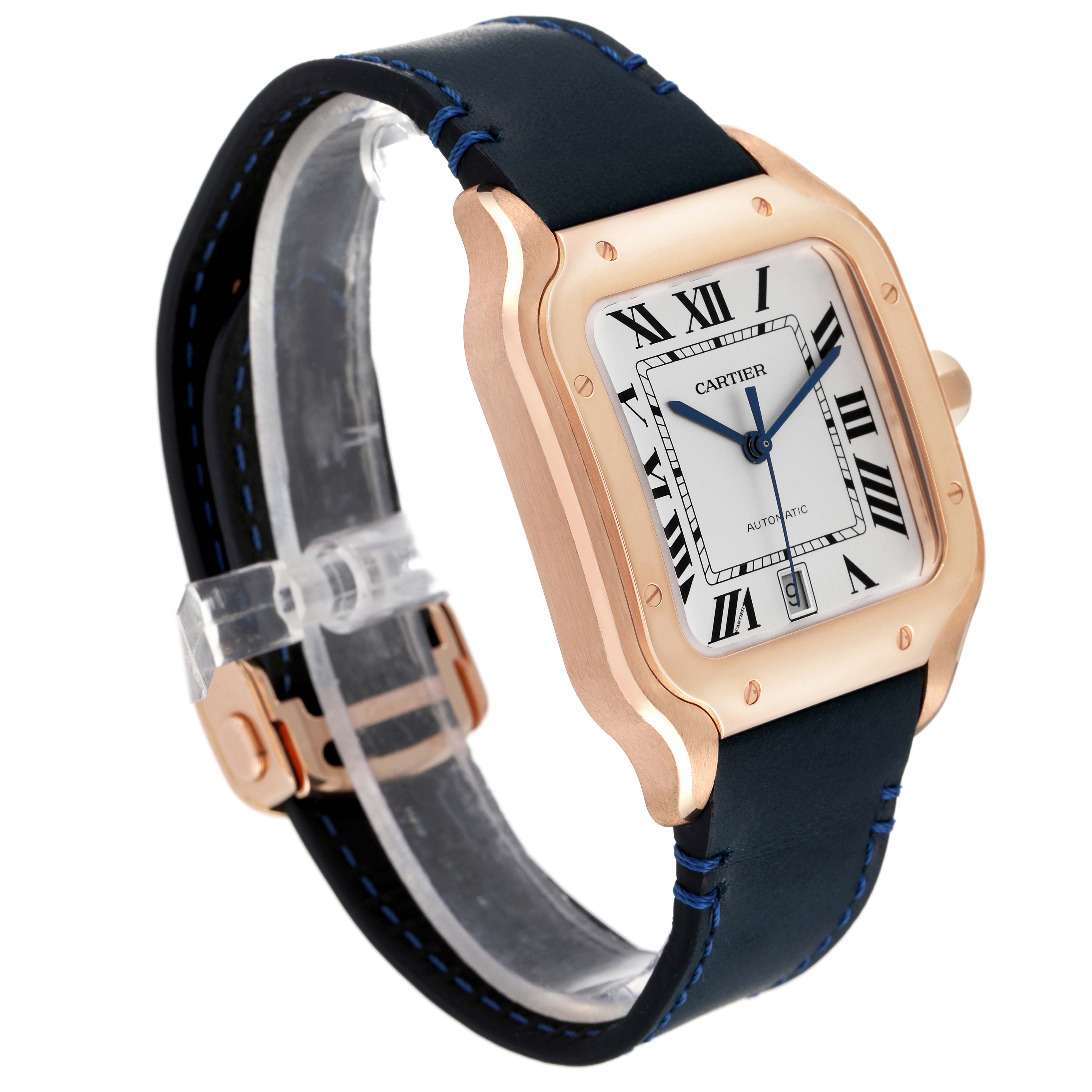The image shows a Cartier Santos WGSA0011 Men's Rose Gold Silver Dial WGSA0011 Men's Rose Gold Silver Dial watch at a 3/4 angle, featuring its rectangular face, leather strap, and gold case.