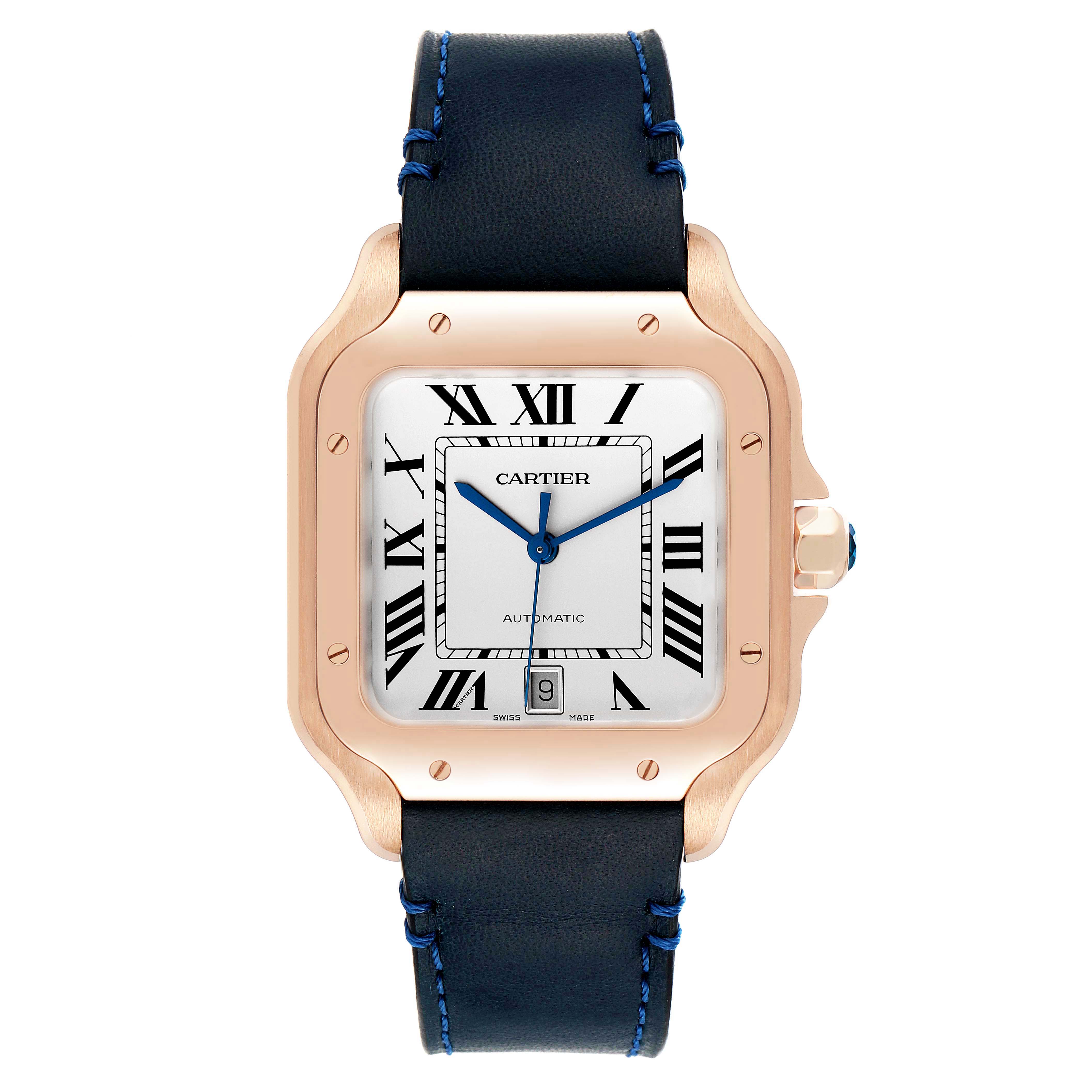 This image shows a front view of the Cartier Santos WGSA0011 Men's Rose Gold Silver Dial WGSA0011 Men's Rose Gold Silver Dial watch, highlighting its square face, Roman numerals, and black leather strap.