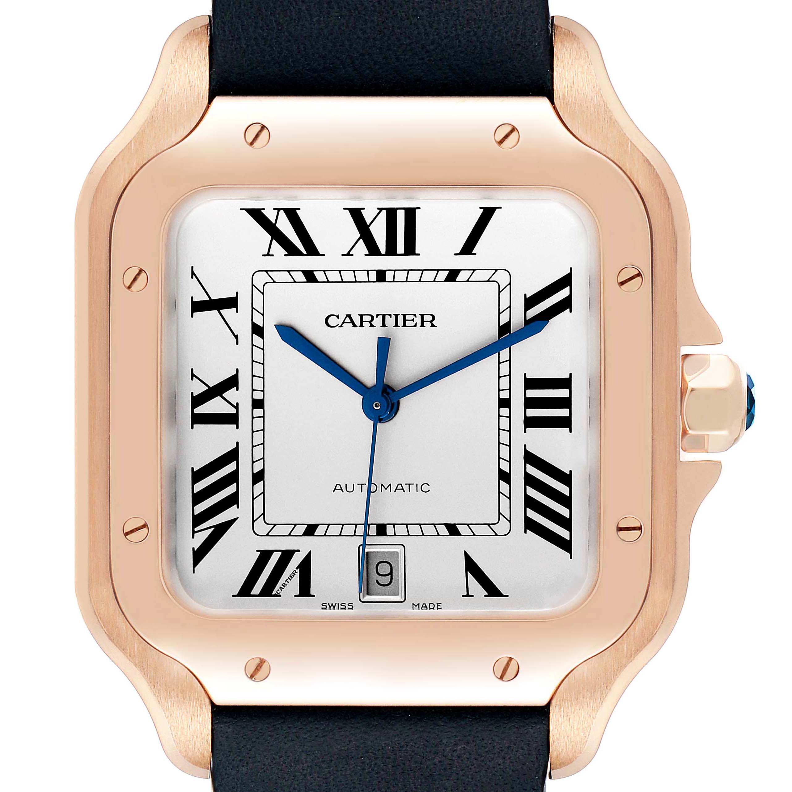 This image shows a close-up front view of the Cartier Santos WGSA0011 Men's Rose Gold Silver Dial WGSA0011 Men's Rose Gold Silver Dial watch, displaying its dial, crown, and part of the strap.