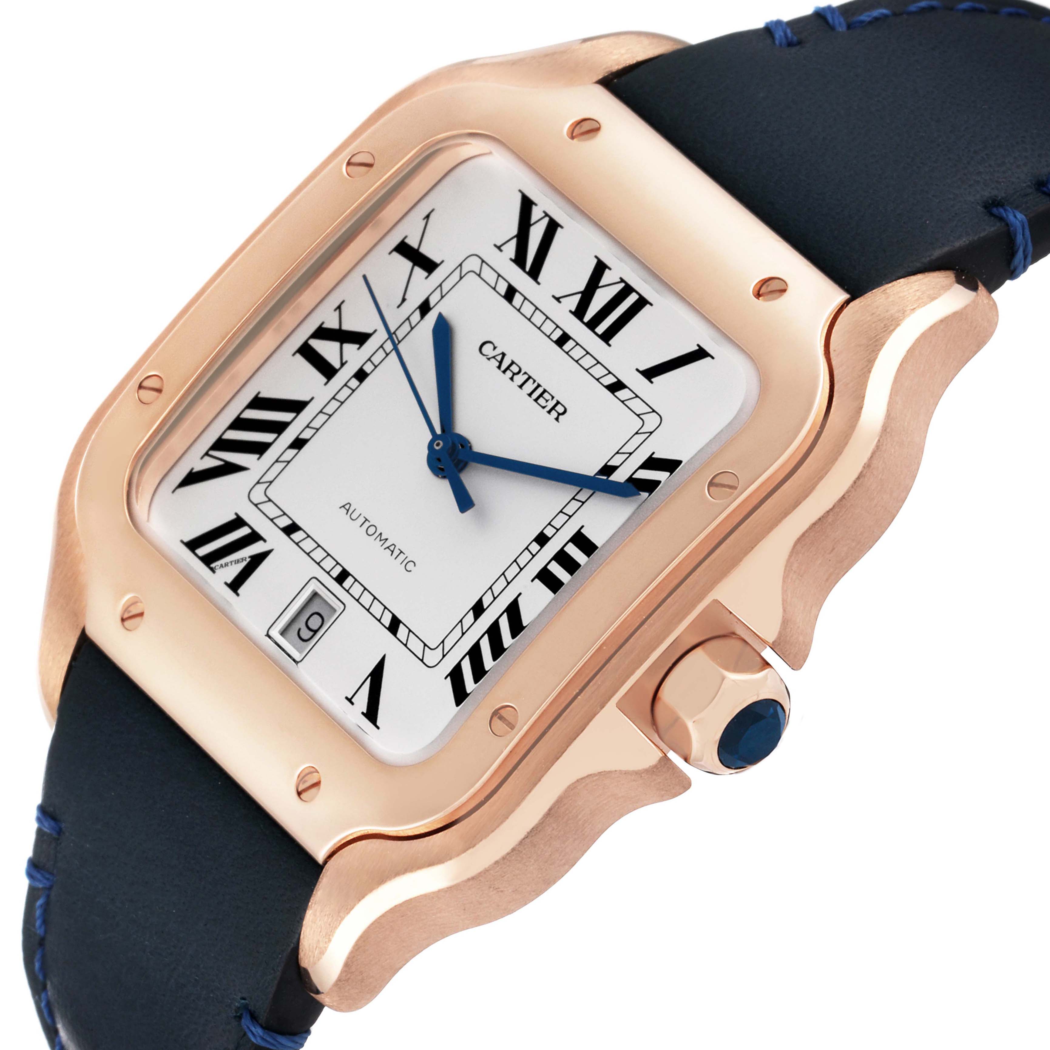 This image shows a close-up angle of the Cartier Santos WGSA0011 Men's Rose Gold Silver Dial WGSA0011 Men's Rose Gold Silver Dial watch, highlighting the case, dial, crown, and part of the leather strap.