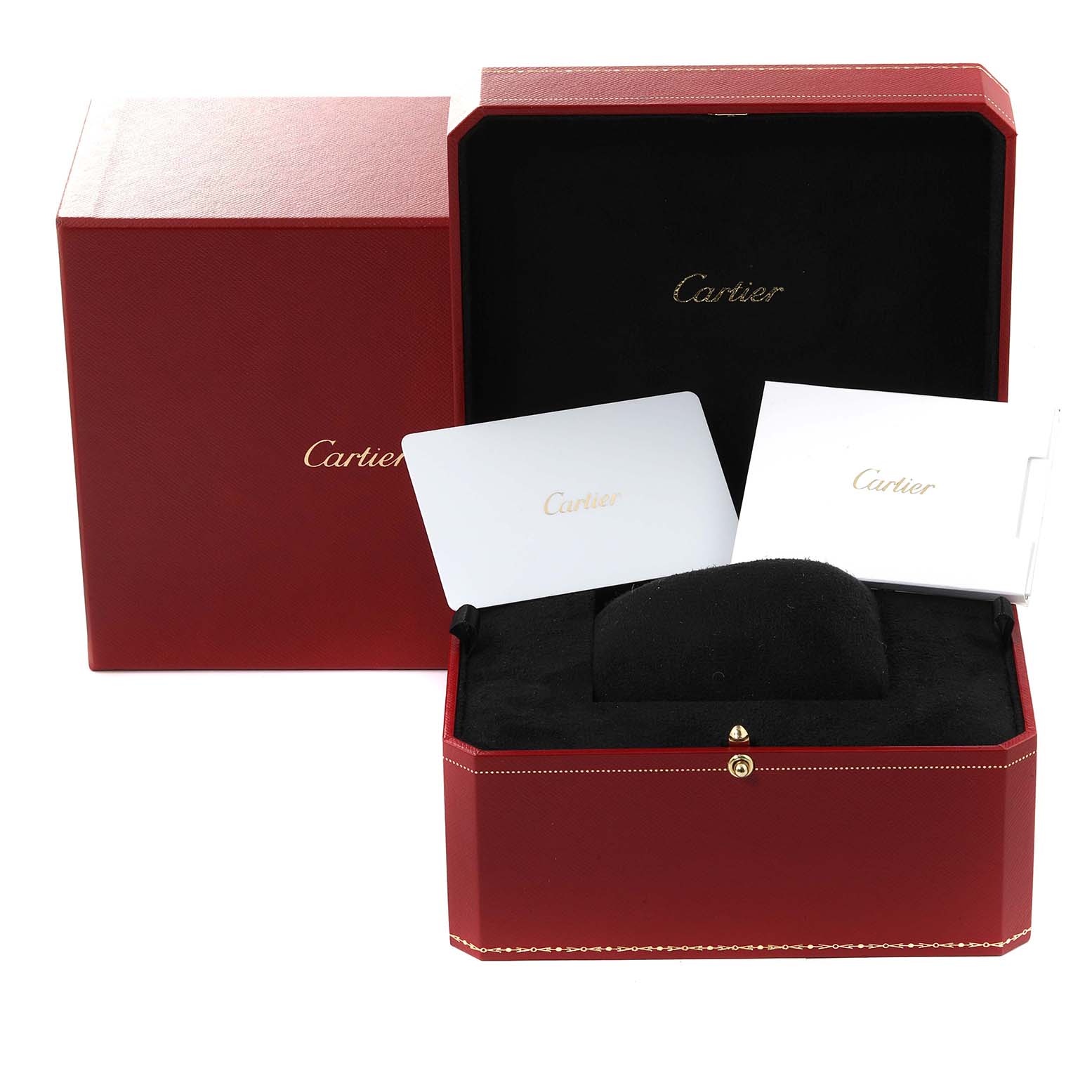 The image shows the packaging and accessories, including the box and documentation, of a Cartier Santos Dumont WSSA0046 Men's Stainless Steel Black Dial WSSA0046 Men's Stainless Steel Black Dial watch.