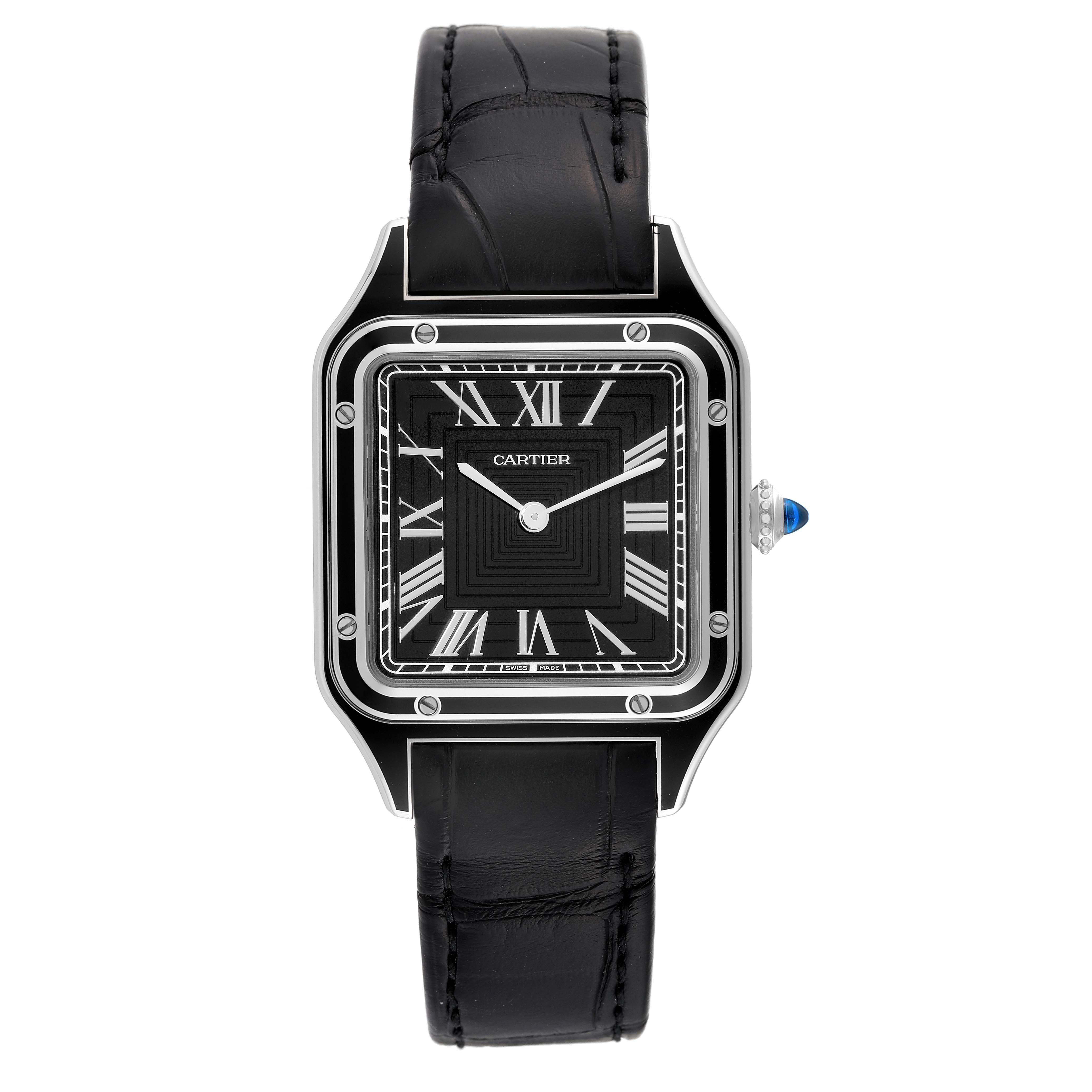The image shows a front view of a Cartier Santos Dumont WSSA0046 Men's Stainless Steel Black Dial WSSA0046 Men's Stainless Steel Black Dial watch with a black dial, Roman numerals, and a black leather strap.