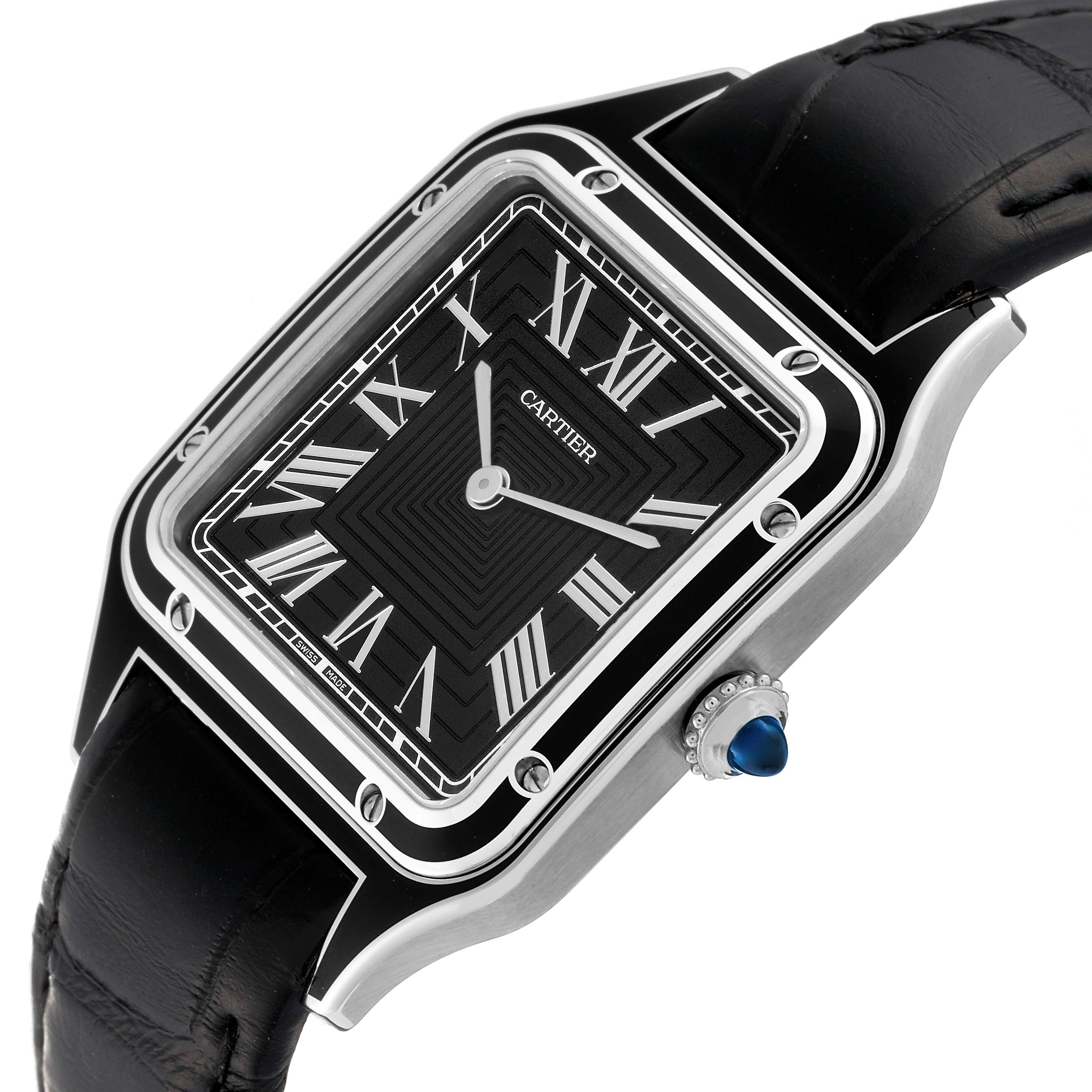The image shows a front angle of the Cartier Santos Dumont WSSA0046 Men's Stainless Steel Black Dial WSSA0046 Men's Stainless Steel Black Dial watch, displaying the face, dial, case, and part of the leather strap.
