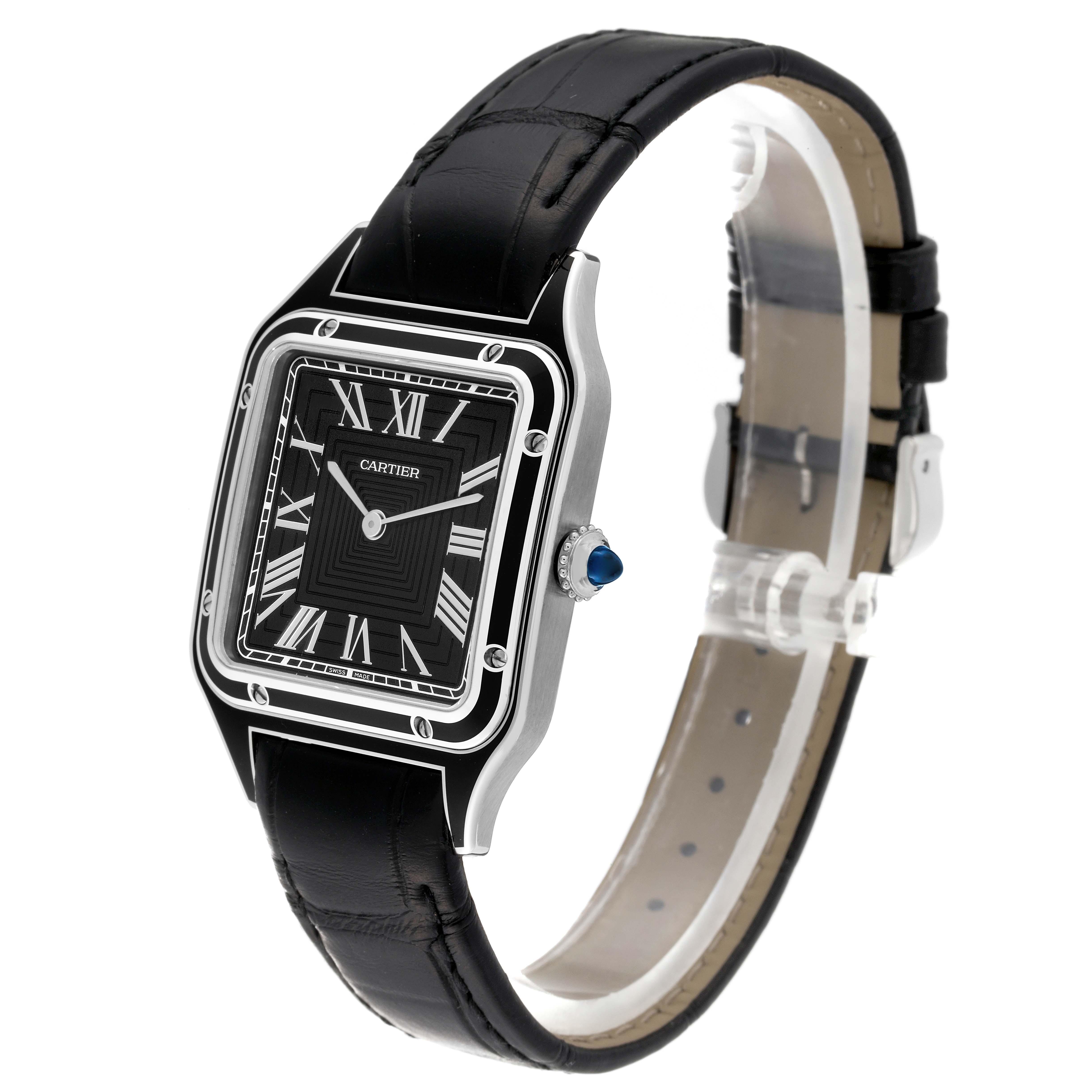 The Cartier Santos Dumont WSSA0046 Men's Stainless Steel Black Dial WSSA0046 Men's Stainless Steel Black Dial watch is shown at a three-quarter angle displaying the black dial, Roman numerals, and black leather strap.