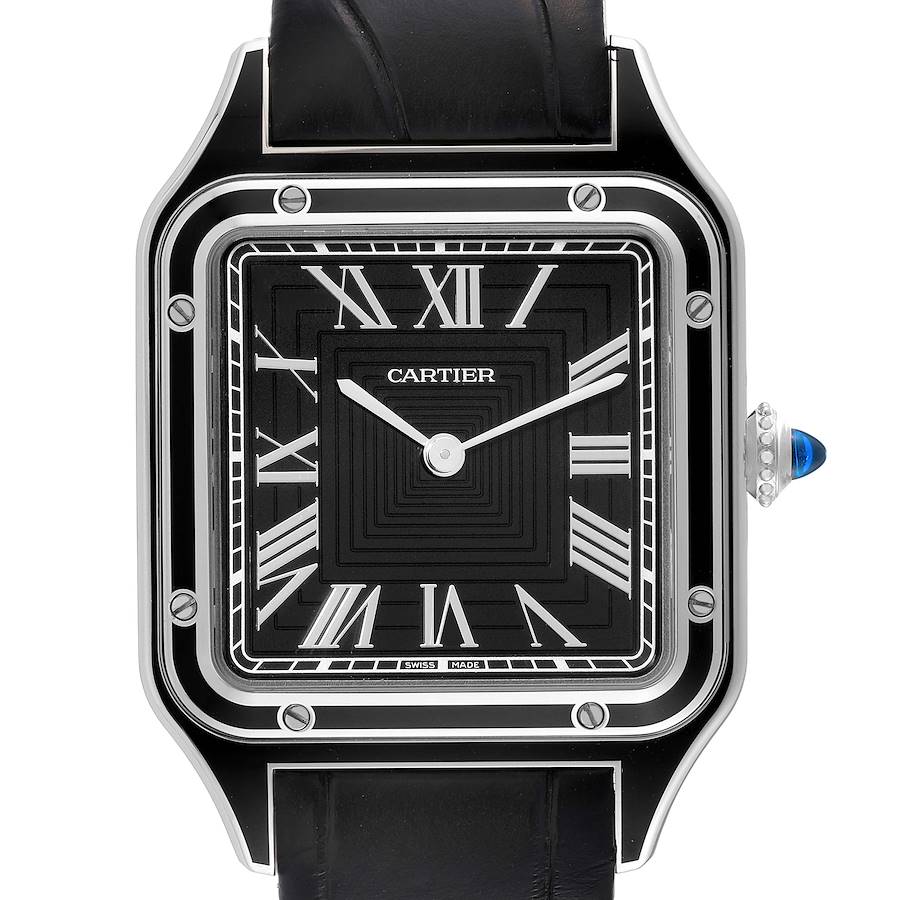 Cartier Santos Dumont Large Black Strap Steel Mens Watch WSSA0046 Unworn SwissWatchExpo