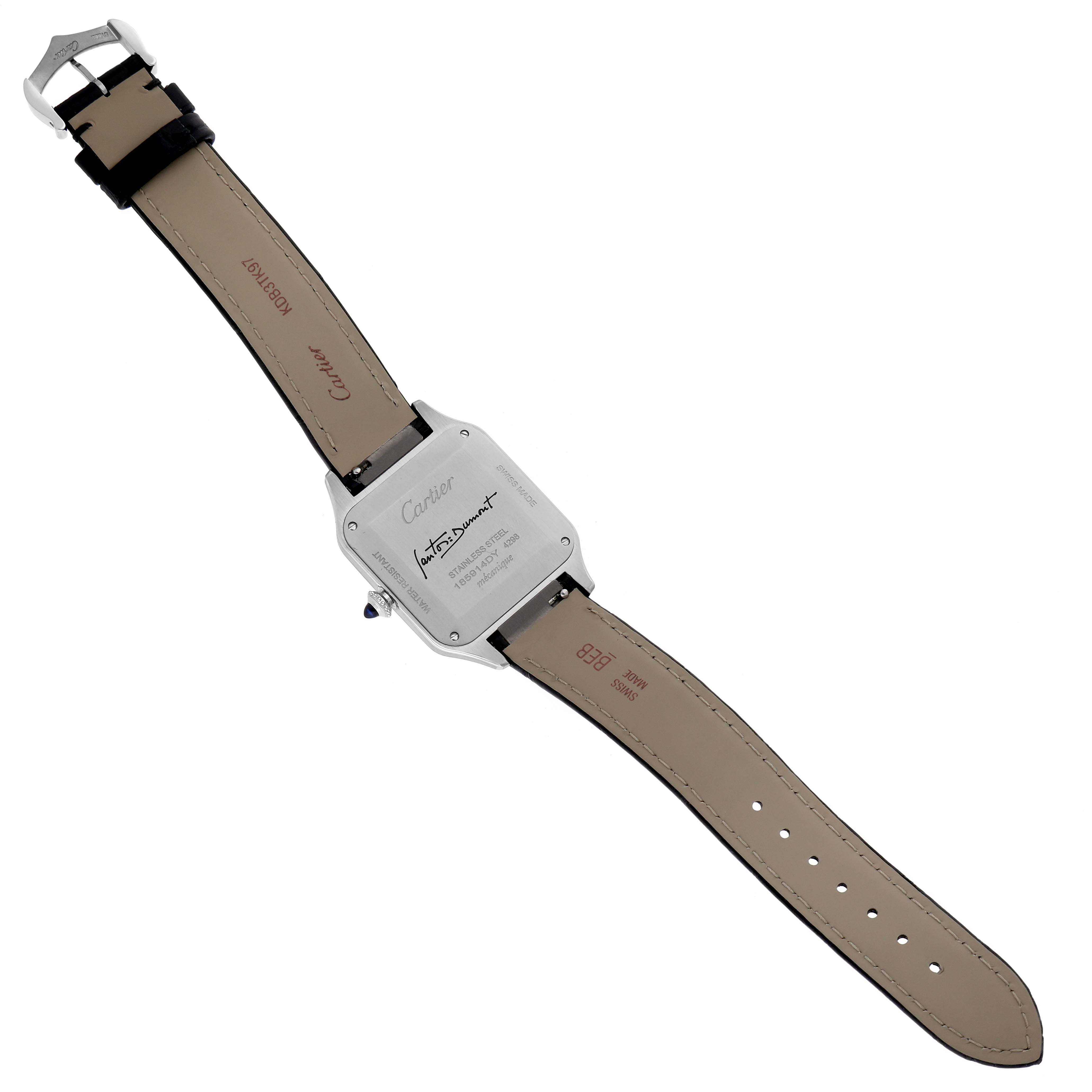 The image shows the back view of a Cartier Santos Dumont WSSA0046 Men's Stainless Steel Black Dial WSSA0046 Men's Stainless Steel Black Dial watch, including the case back, crown, and leather straps.