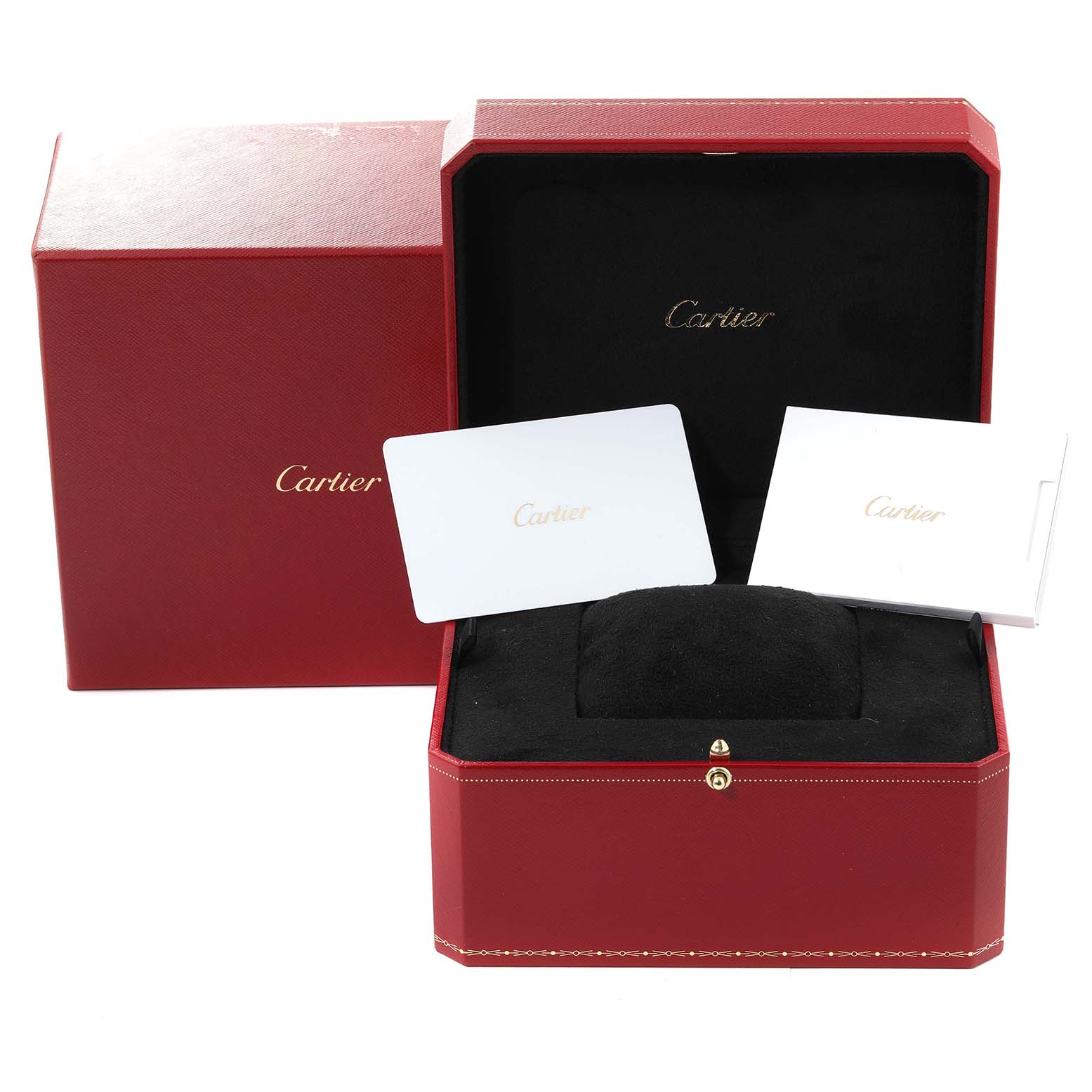 The image shows the open box, certificates, and packaging for the Cartier Santos Dumont WGSA0077 Men
s Yellow Gold Blue Dial WGSA0077 Men
s Yellow Gold Blue Dial watch.