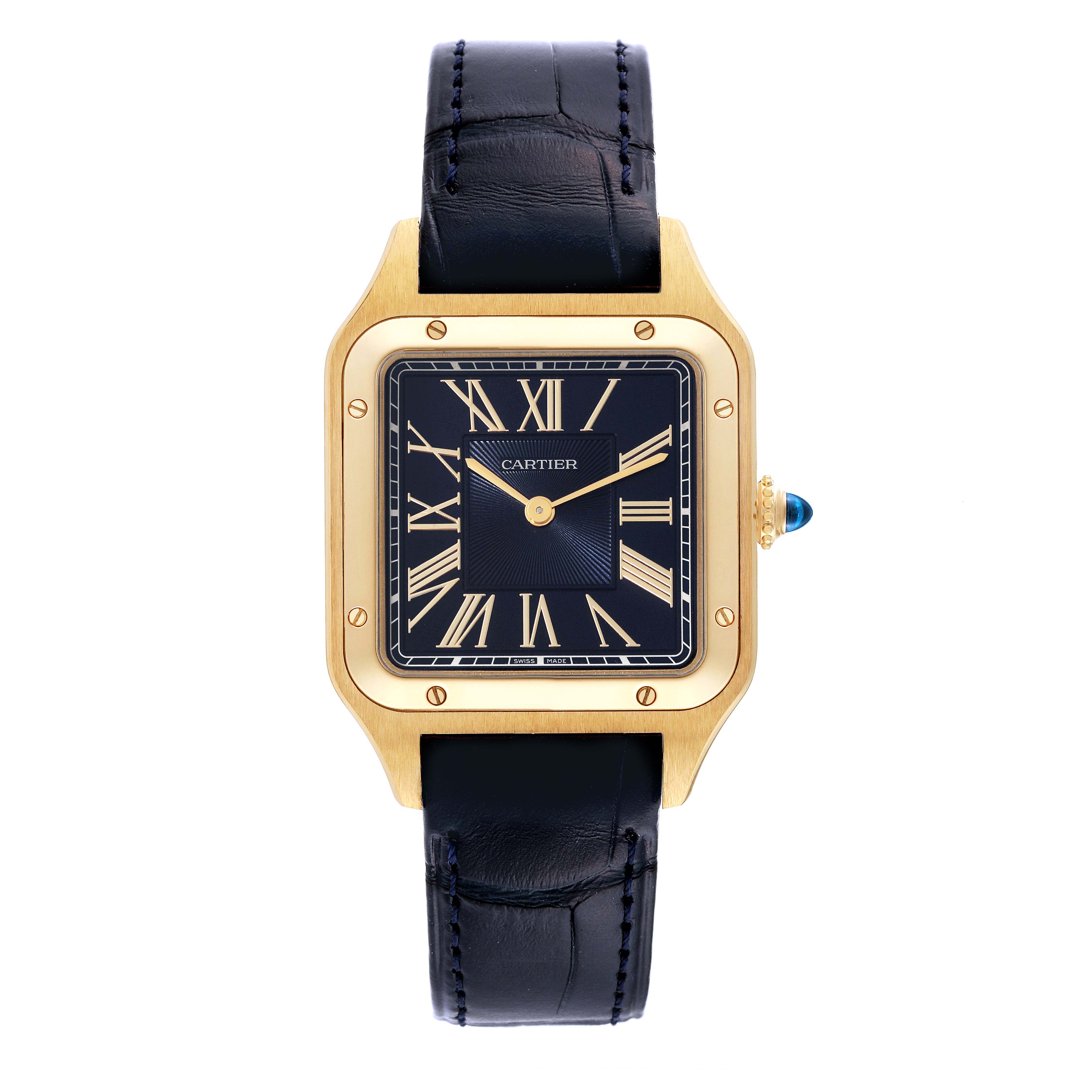 This image shows a front view of a Cartier Santos Dumont WGSA0077 Men
s Yellow Gold Blue Dial WGSA0077 Men
s Yellow Gold Blue Dial watch with a black strap and blue dial.
