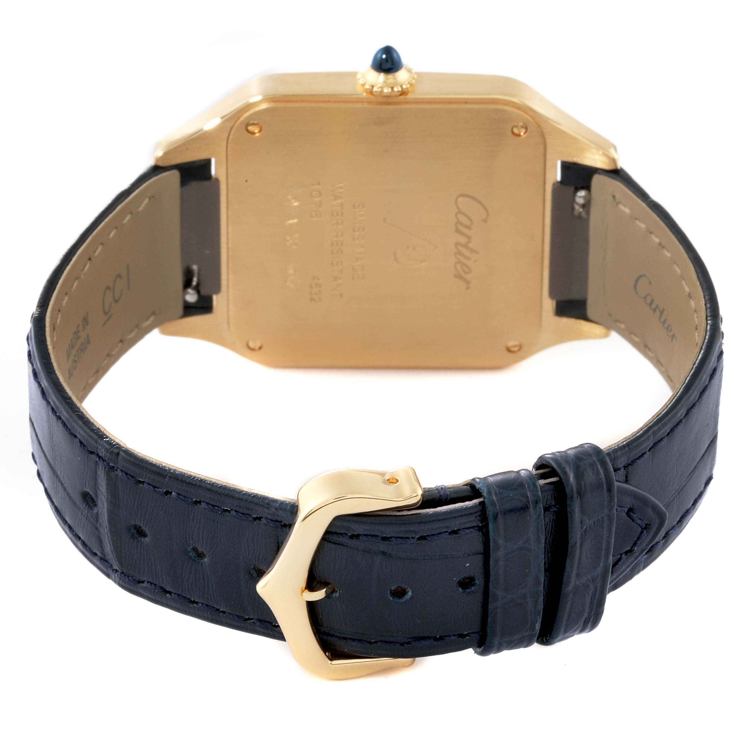 The image shows the back case and buckle of the Cartier Santos Dumont WGSA0077 Men
s Yellow Gold Blue Dial WGSA0077 Men
s Yellow Gold Blue Dial watch, featuring a blue strap and gold buckle.