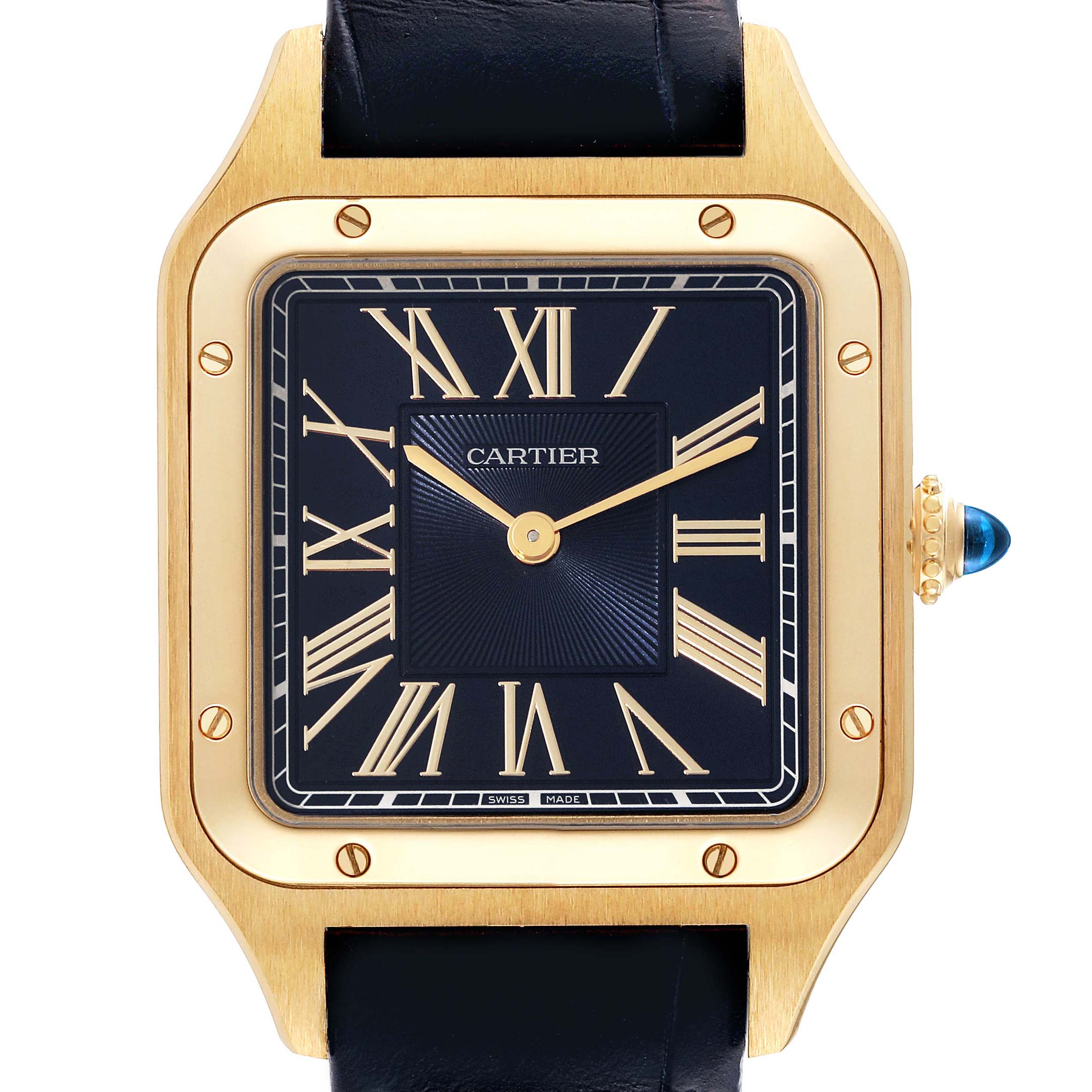 This image shows a front view of the Santos Dumont watch by Cartier, highlighting the dial, Roman numerals, and case.