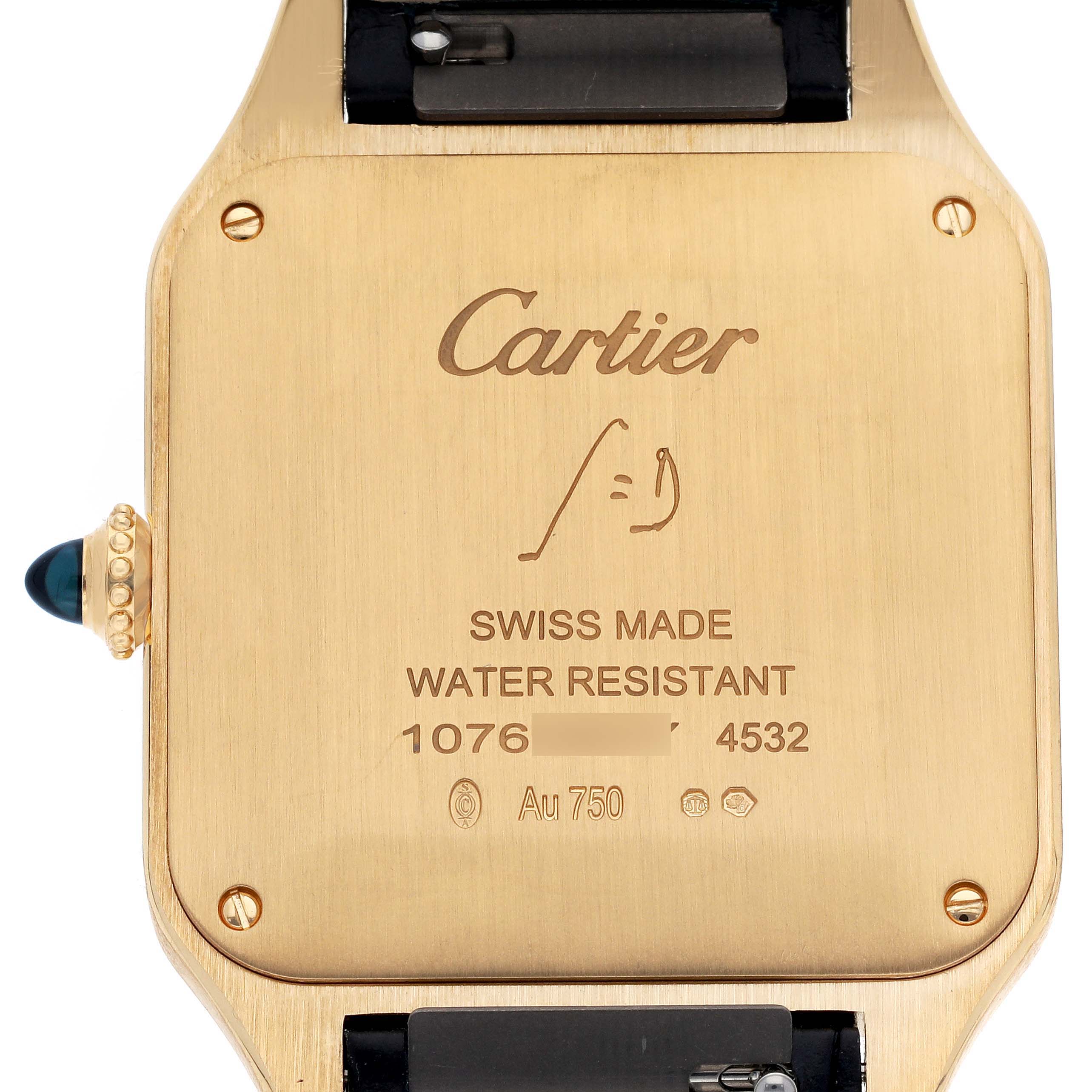 The image shows the back case of the Santos Dumont model by Cartier, highlighting the brand logo, water resistance, and serial number.