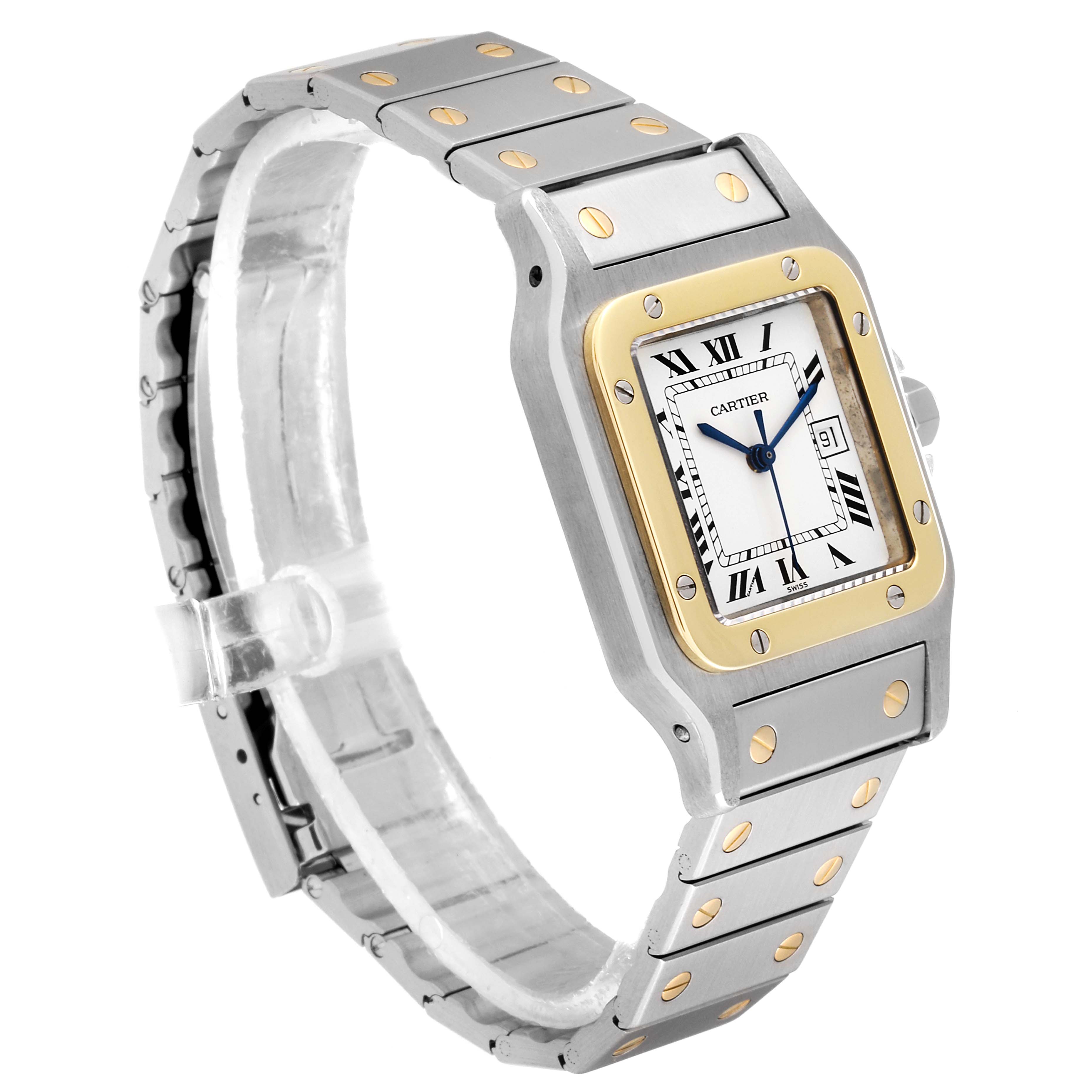 This image shows a side-angle view of the Santos by Cartier watch, displaying its face, bezel, and bracelet.