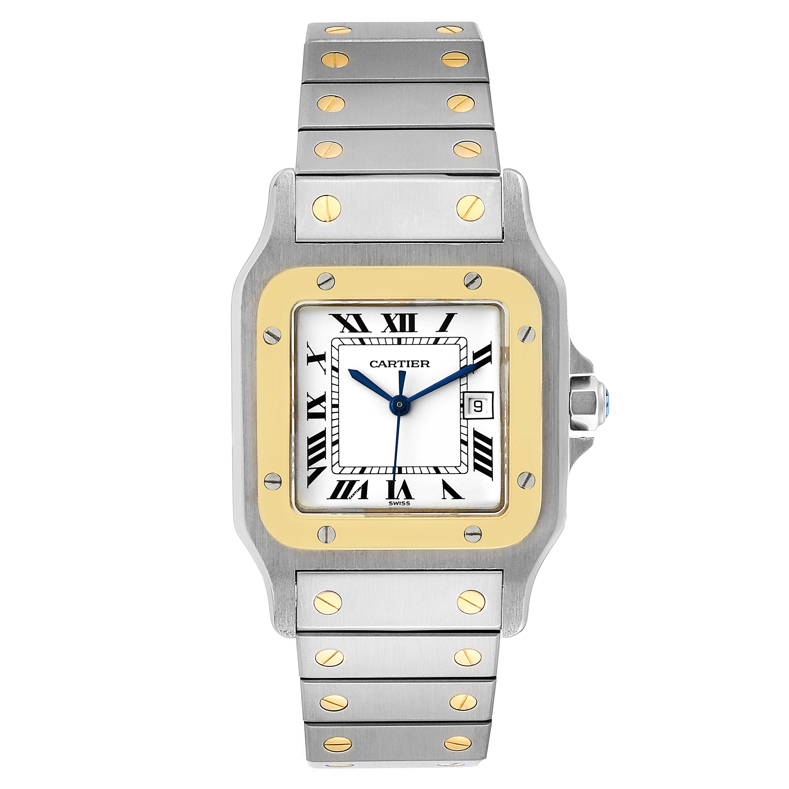 The image shows a frontal view of the Cartier Santos 2380 Men's Steel and Gold (two tone) White Dial 2380 Men's Steel and Gold (two tone) White Dial watch, displaying its face, bezel, and bracelet.