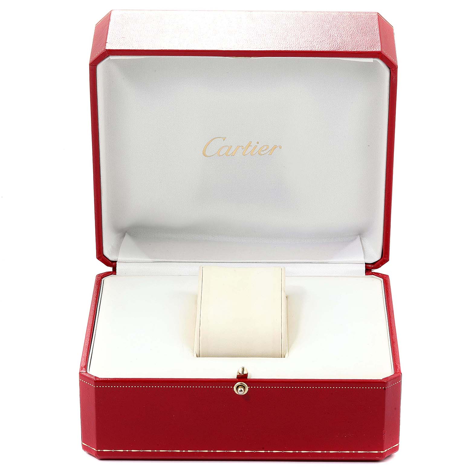 The image shows an open red Cartier box for the Santos model watch, revealing its white interior.