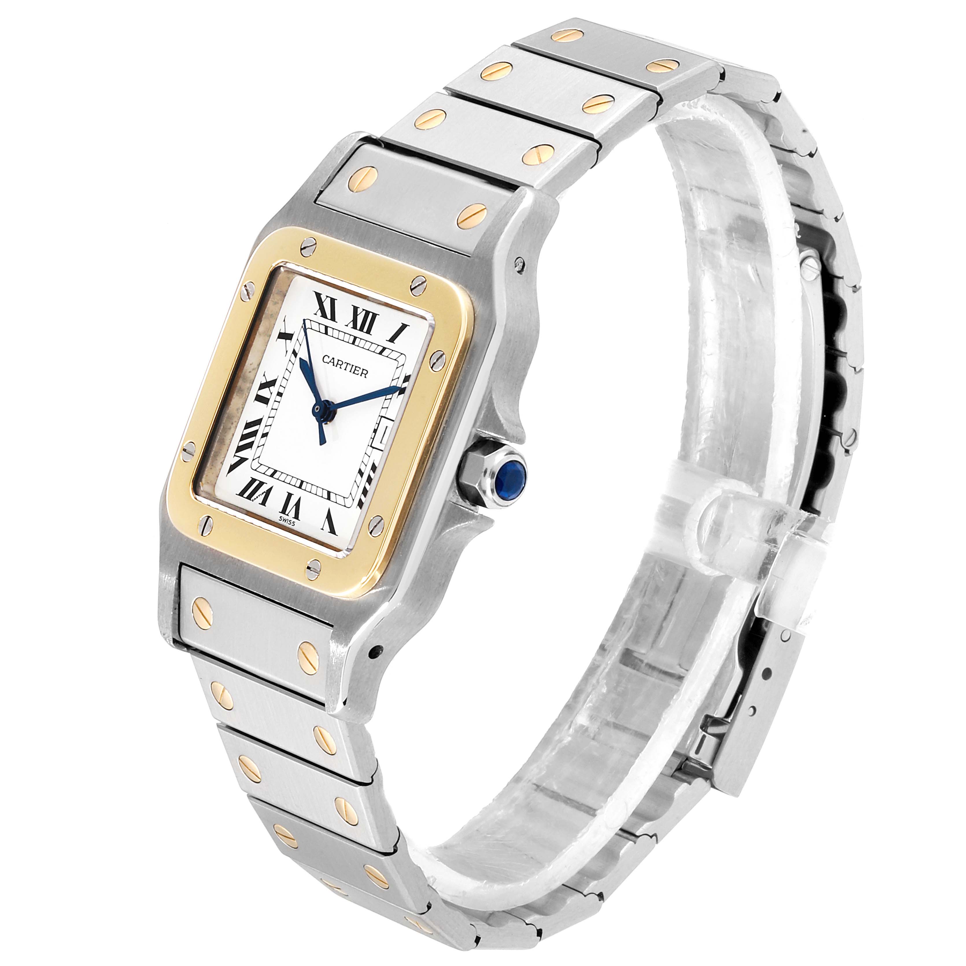 The image shows a Cartier Santos 2380 Men's Steel and Gold (two tone) White Dial 2380 Men's Steel and Gold (two tone) White Dial watch at an angled view, highlighting its square face, metal bracelet, and distinctive screws.